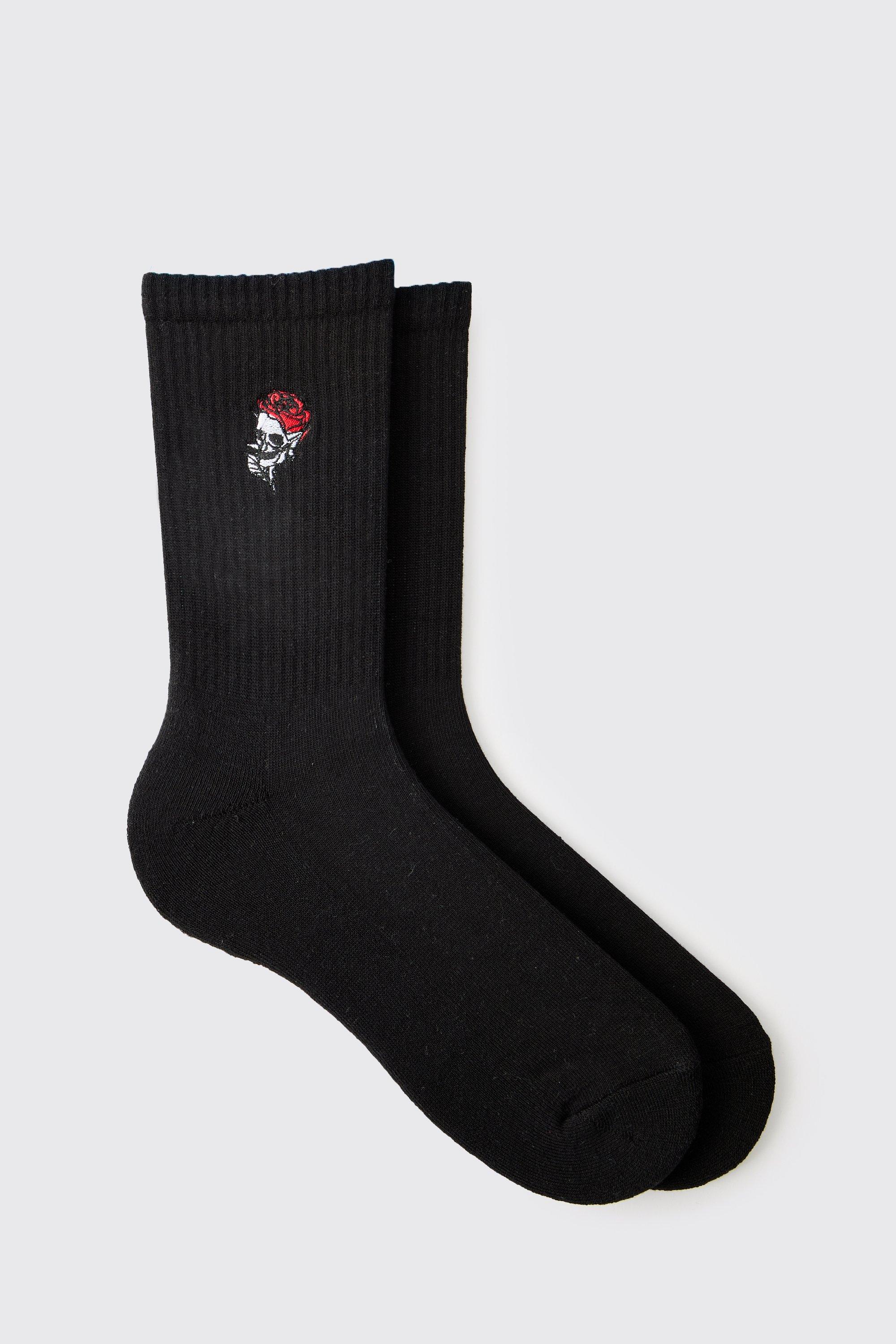 Mens Black Rose Embroidered Half Terry Socks, Black