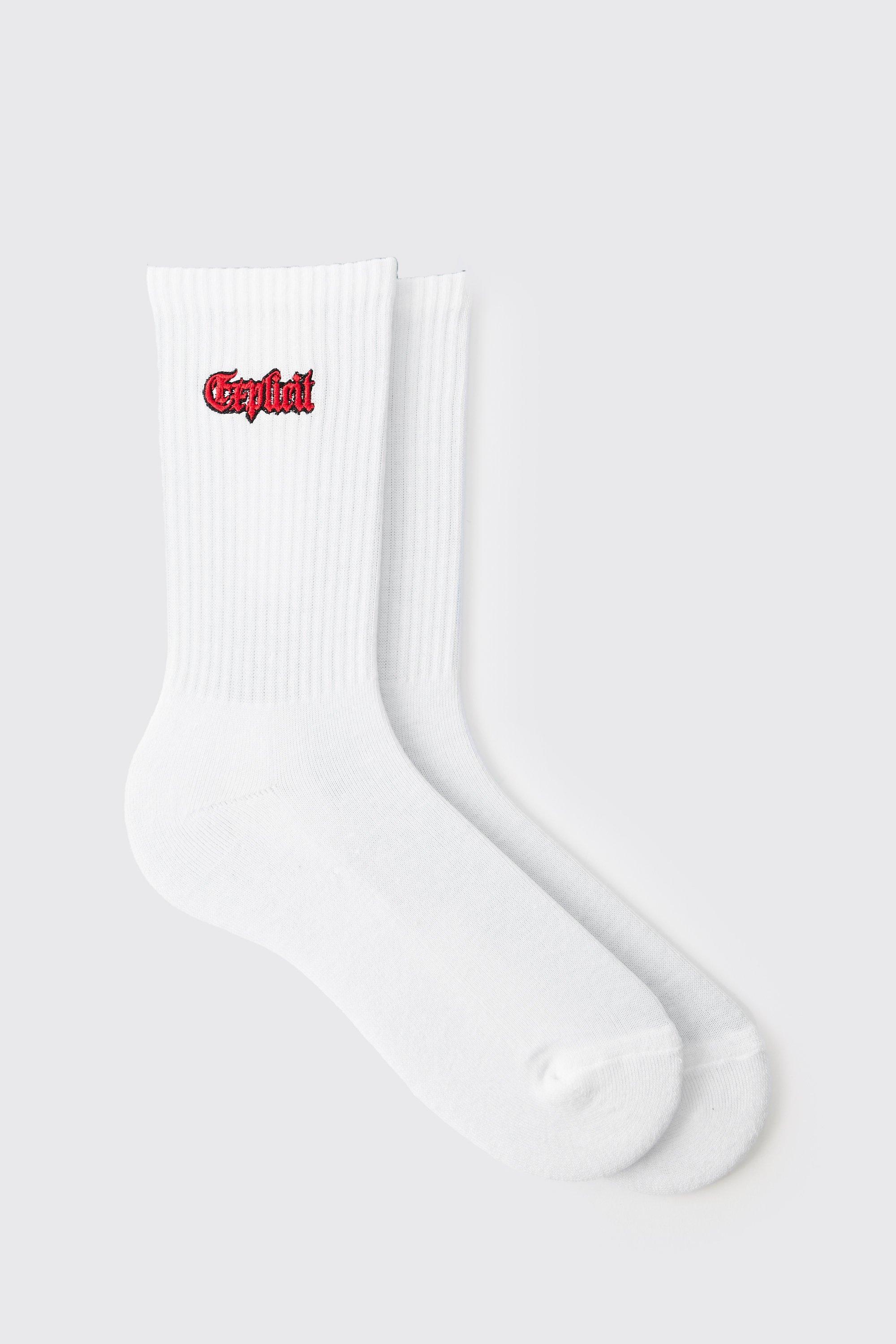 Mens White Explicit Embroidered Half Terry Socks, White