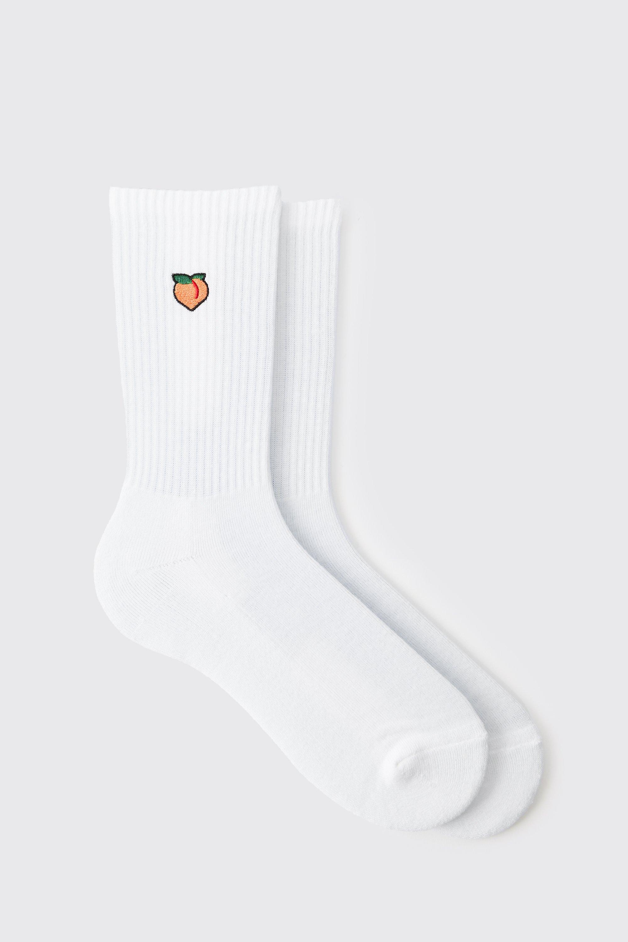 Mens White Peach Embroidered Half Terry Socks, White