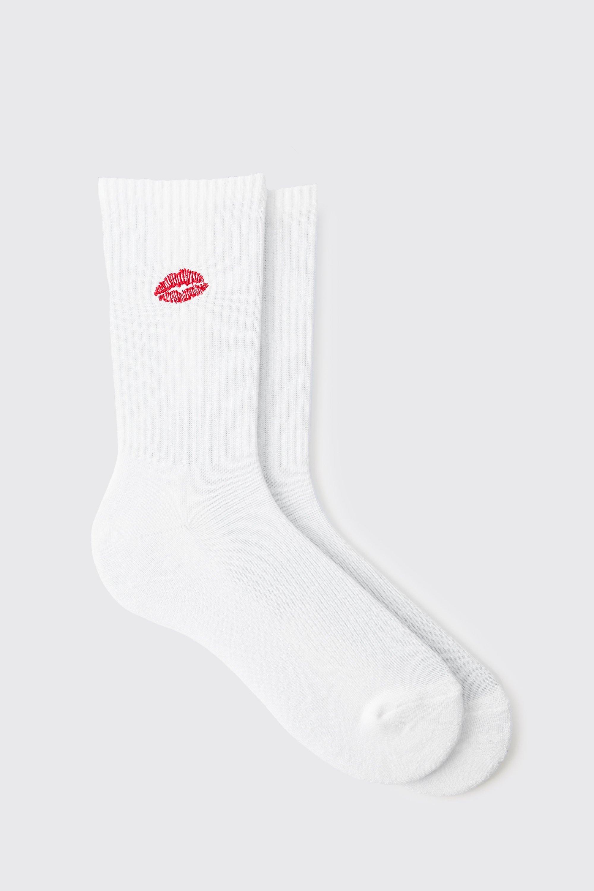 Mens White Lips Embroidered Half Terry Socks, White