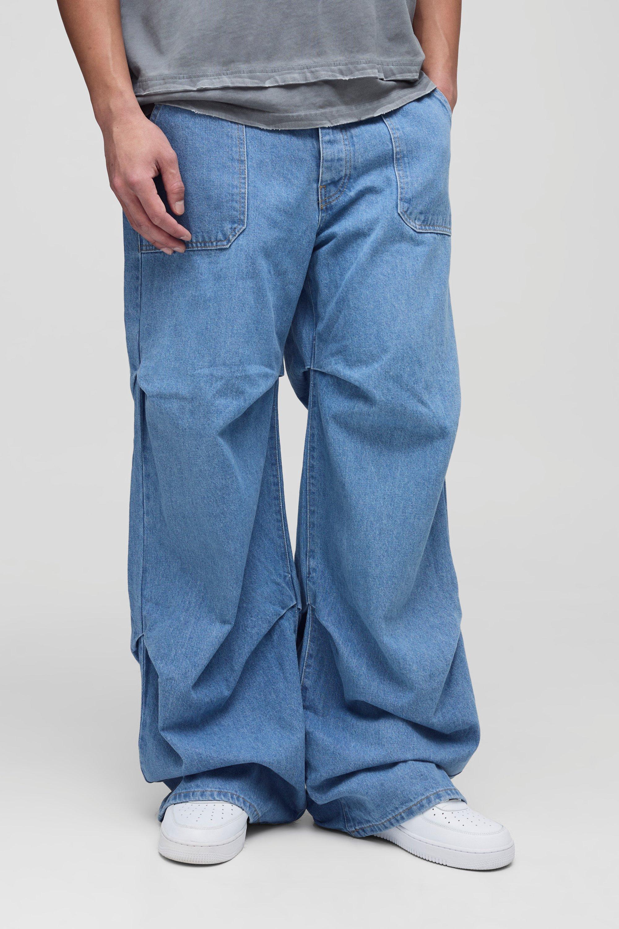Mens Grey Tall Ruched Baggy Fit Jeans, Grey
