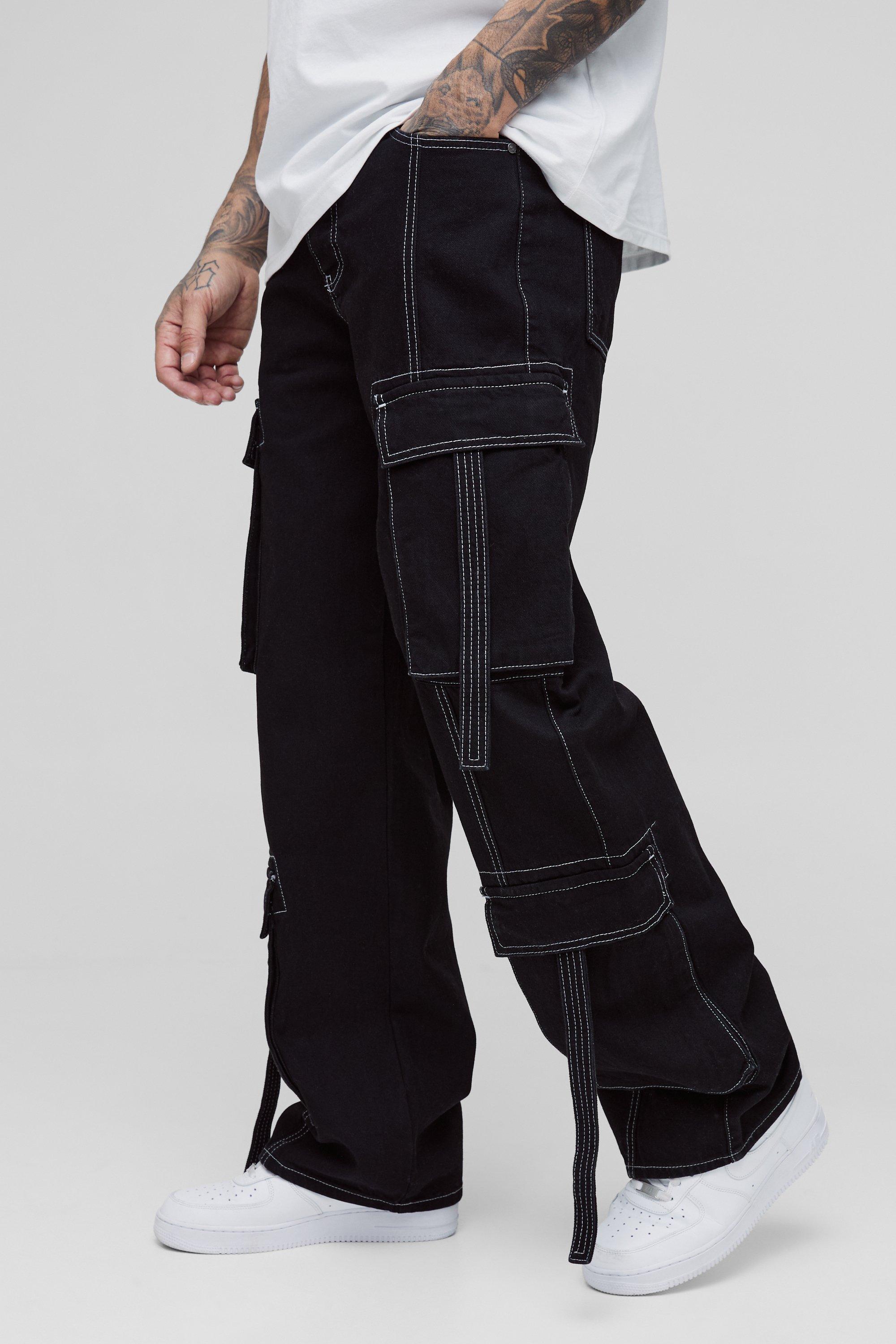 Boohoo Tall Wide Leg Cargo Jeans Met Contrasterende Stiksels En Bandjes, Black