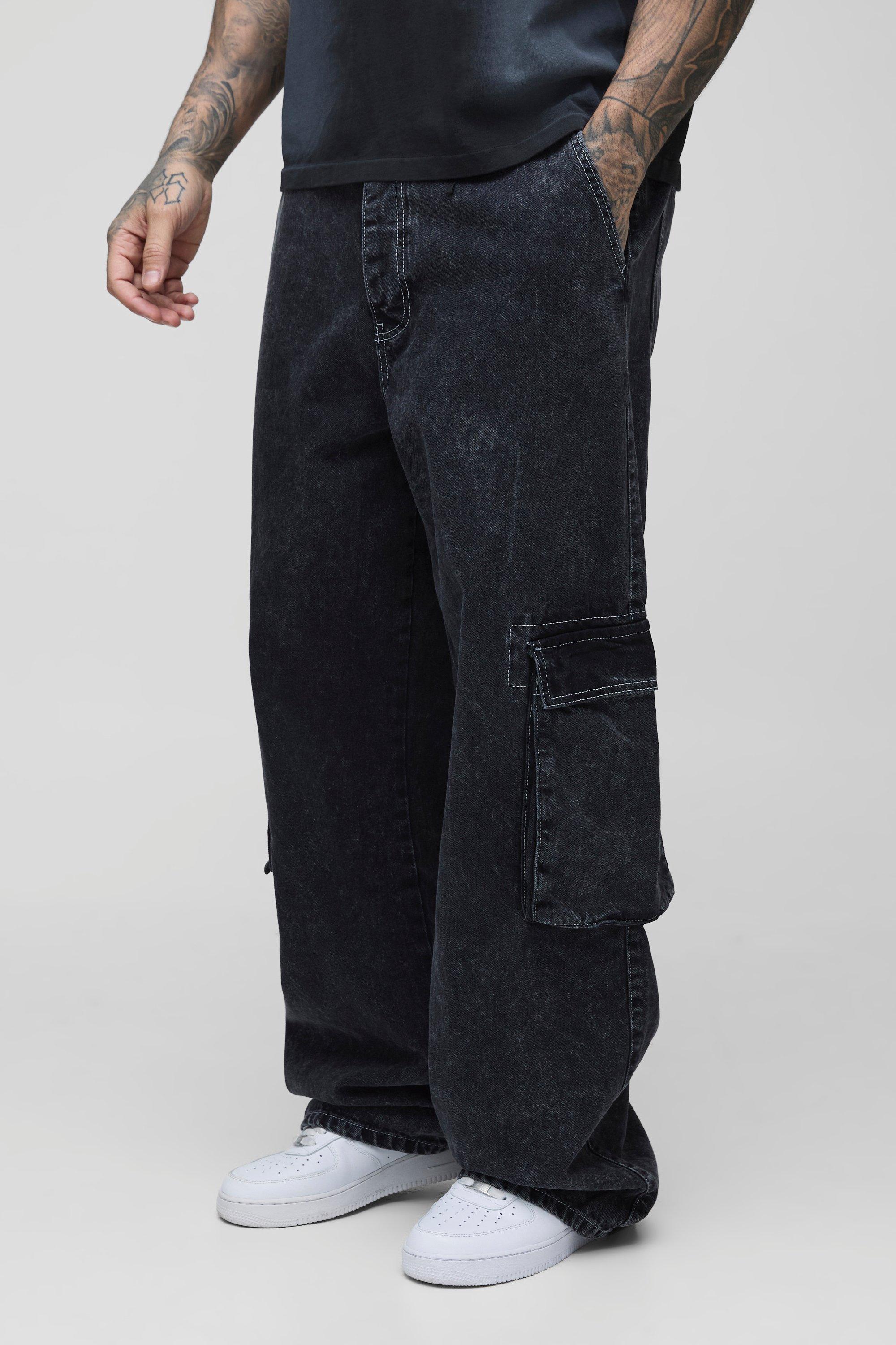 Boohoo Tall Acid Wash Gebleekte Cargo Jeans Met Contrasterende Stiksels, Washed Black