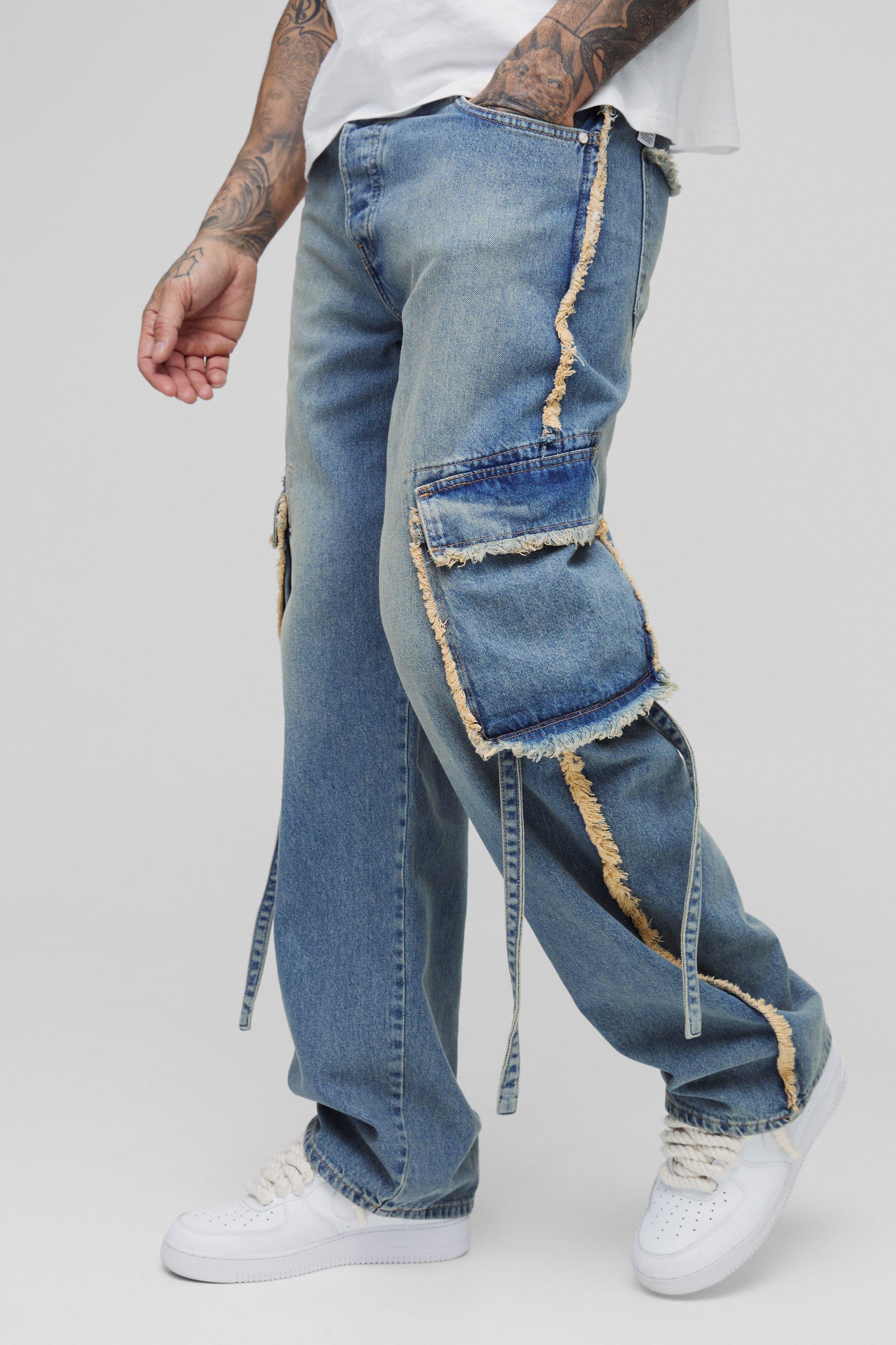 Mens Blue Tall Acid Wash Pleat Knee Cargo Jeans, Blue