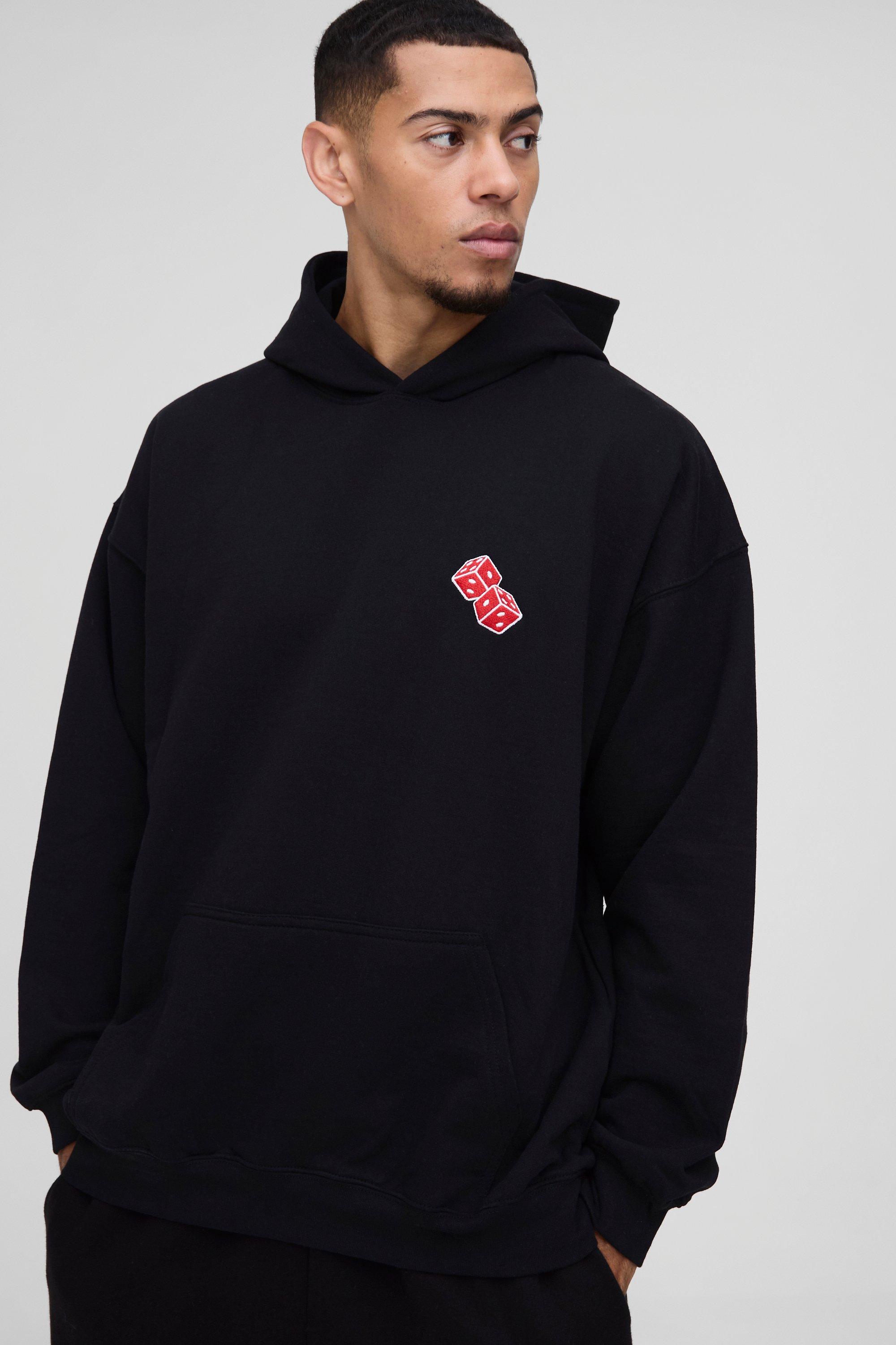 Mens Black Oversized Dice Embroidered Hoodie, Black