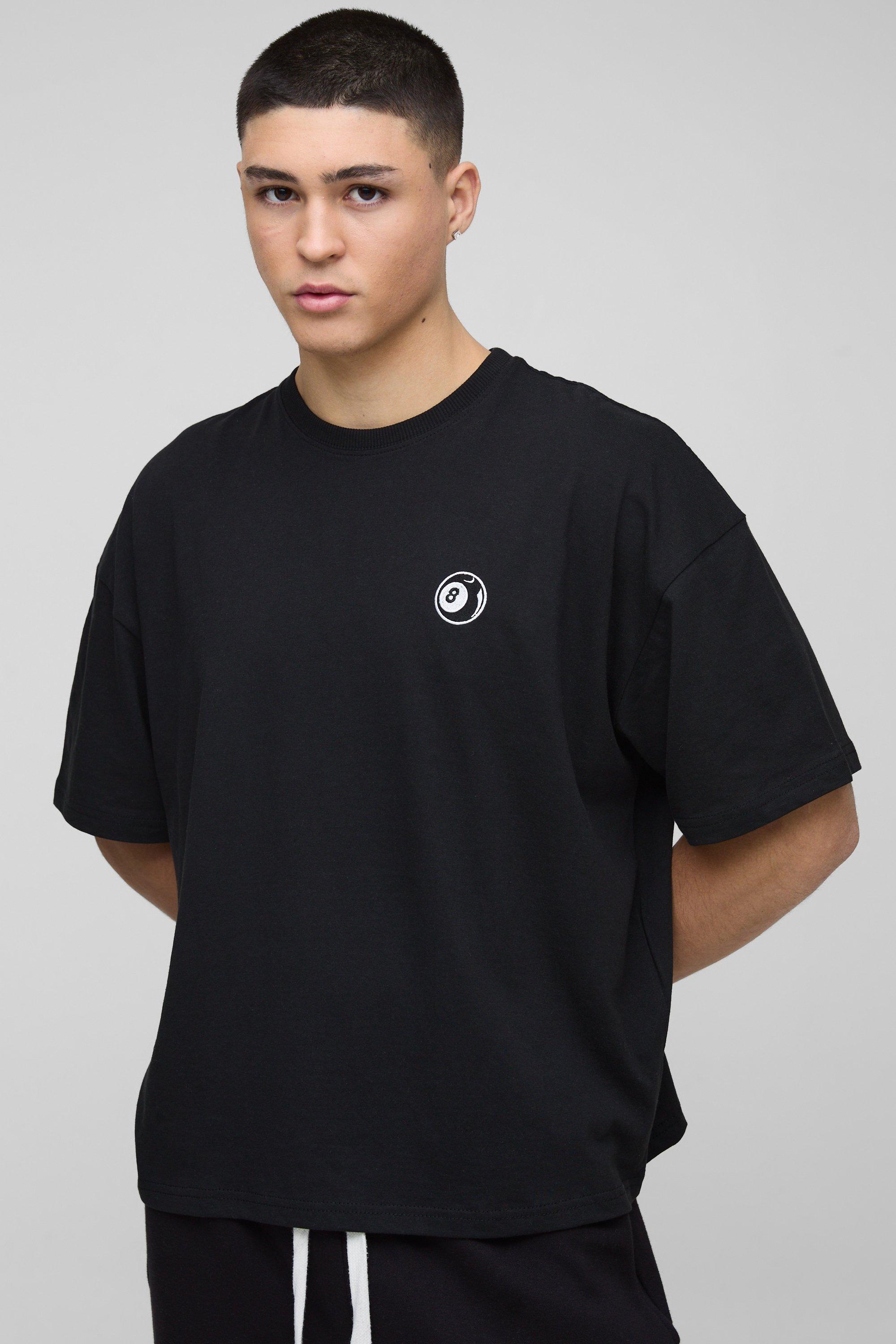 Mens Black Oversized Boxy 8 Ball Embroidered T-Shirt, Black