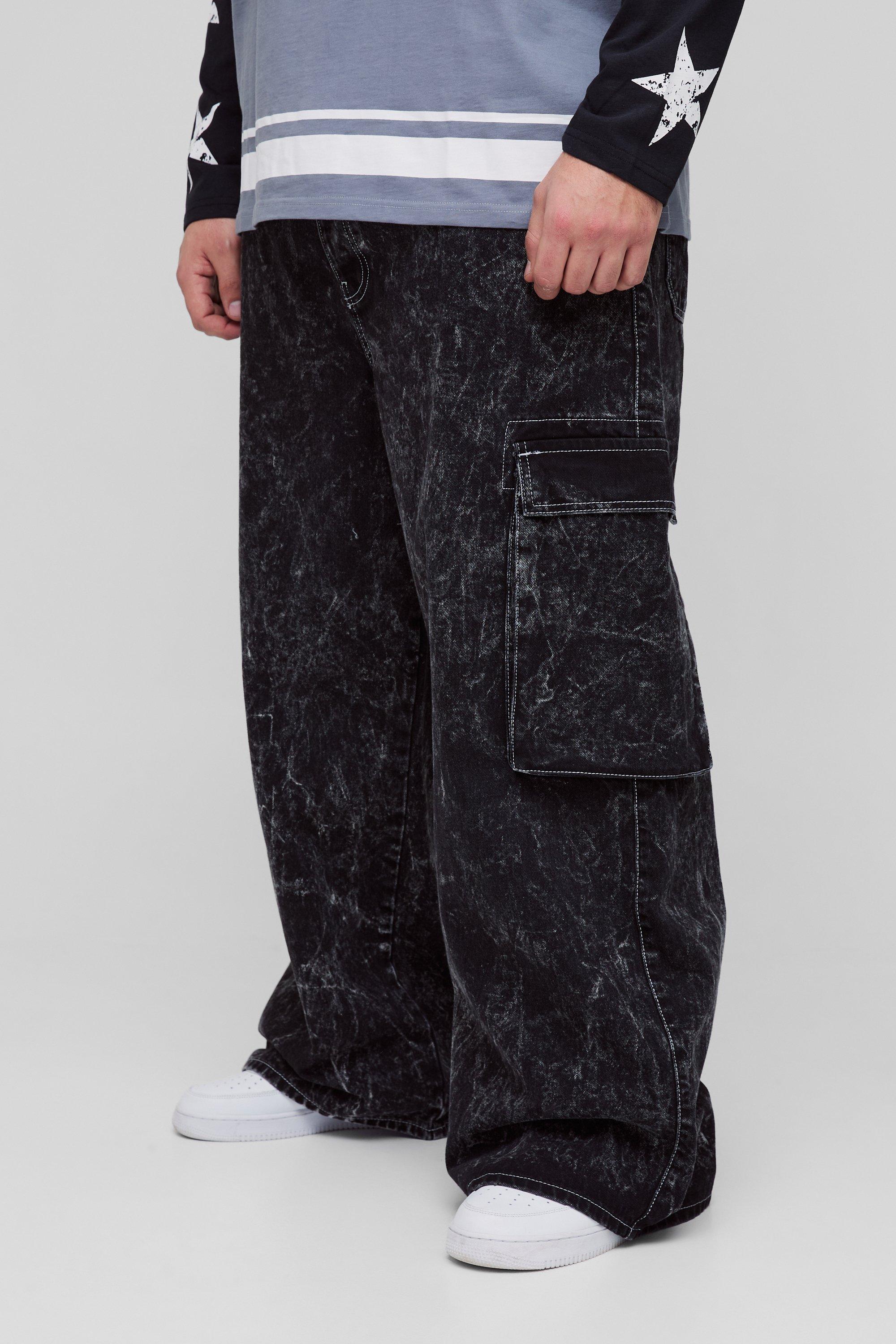 Boohoo Plus Acid Wash Gebleekte Cargo Jeans Met Contrasterende Stiksels, Washed Black