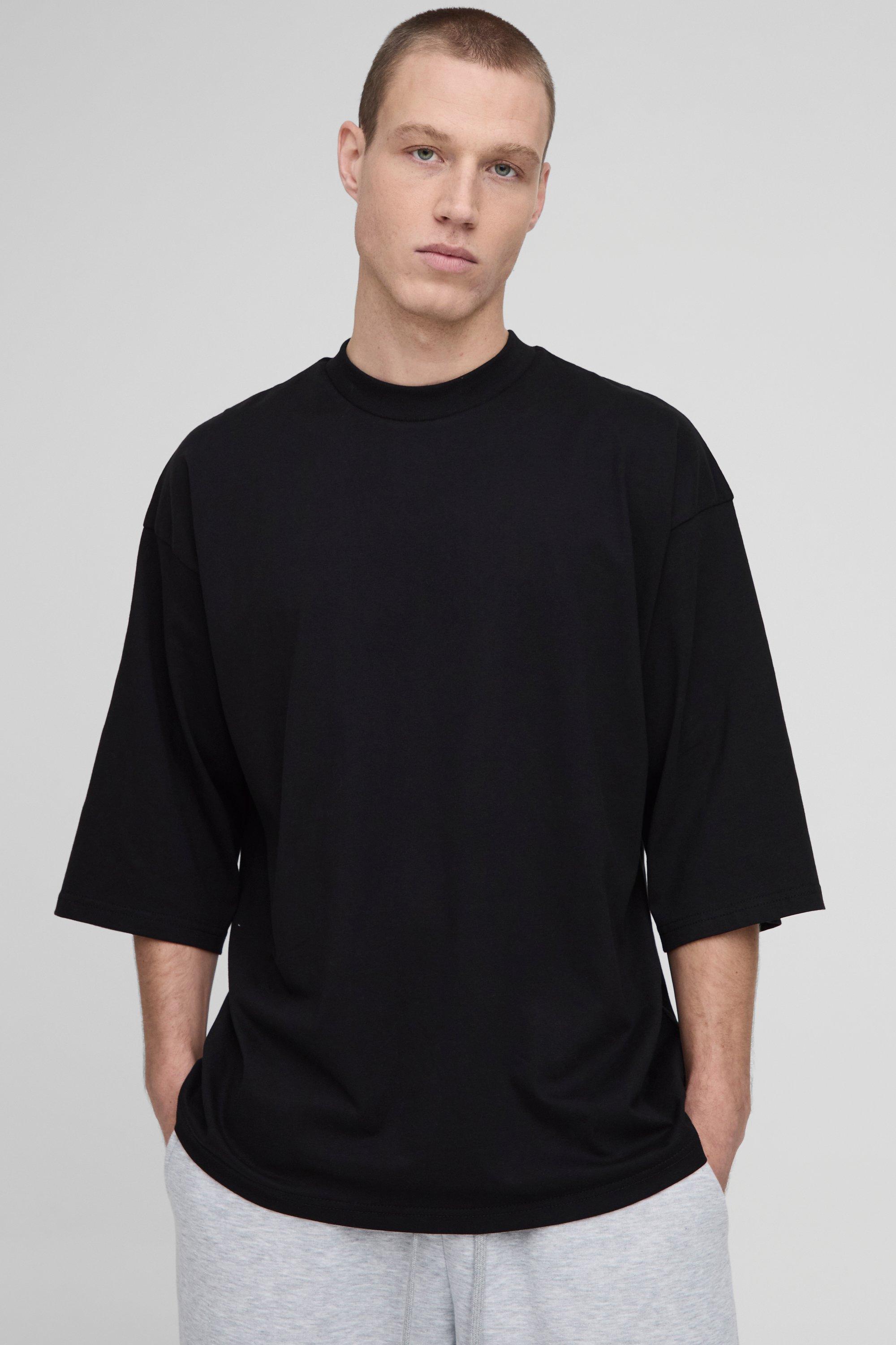 T-shirt super pesante oversize con girocollo esteso, Nero