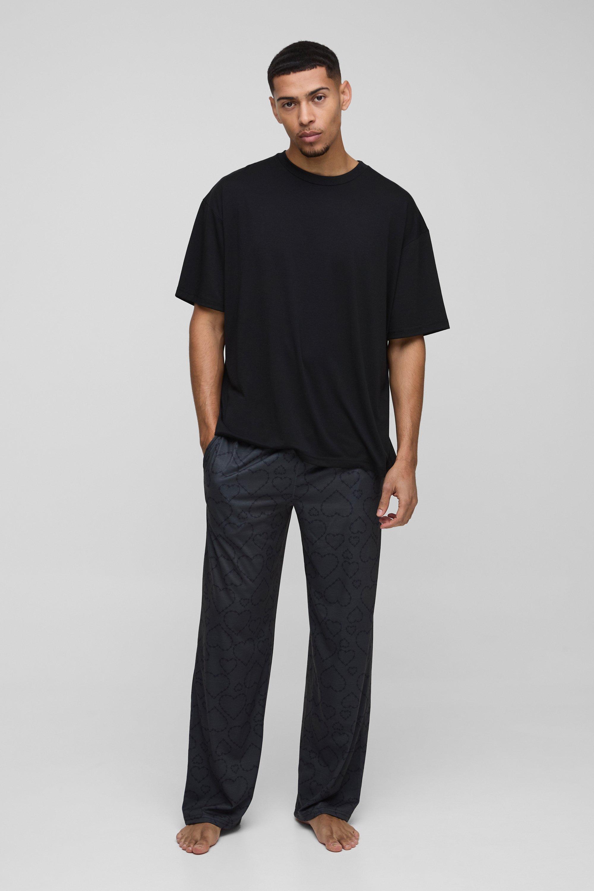 Mens Black Relaxed Tonal Heart Lounge Set, Black