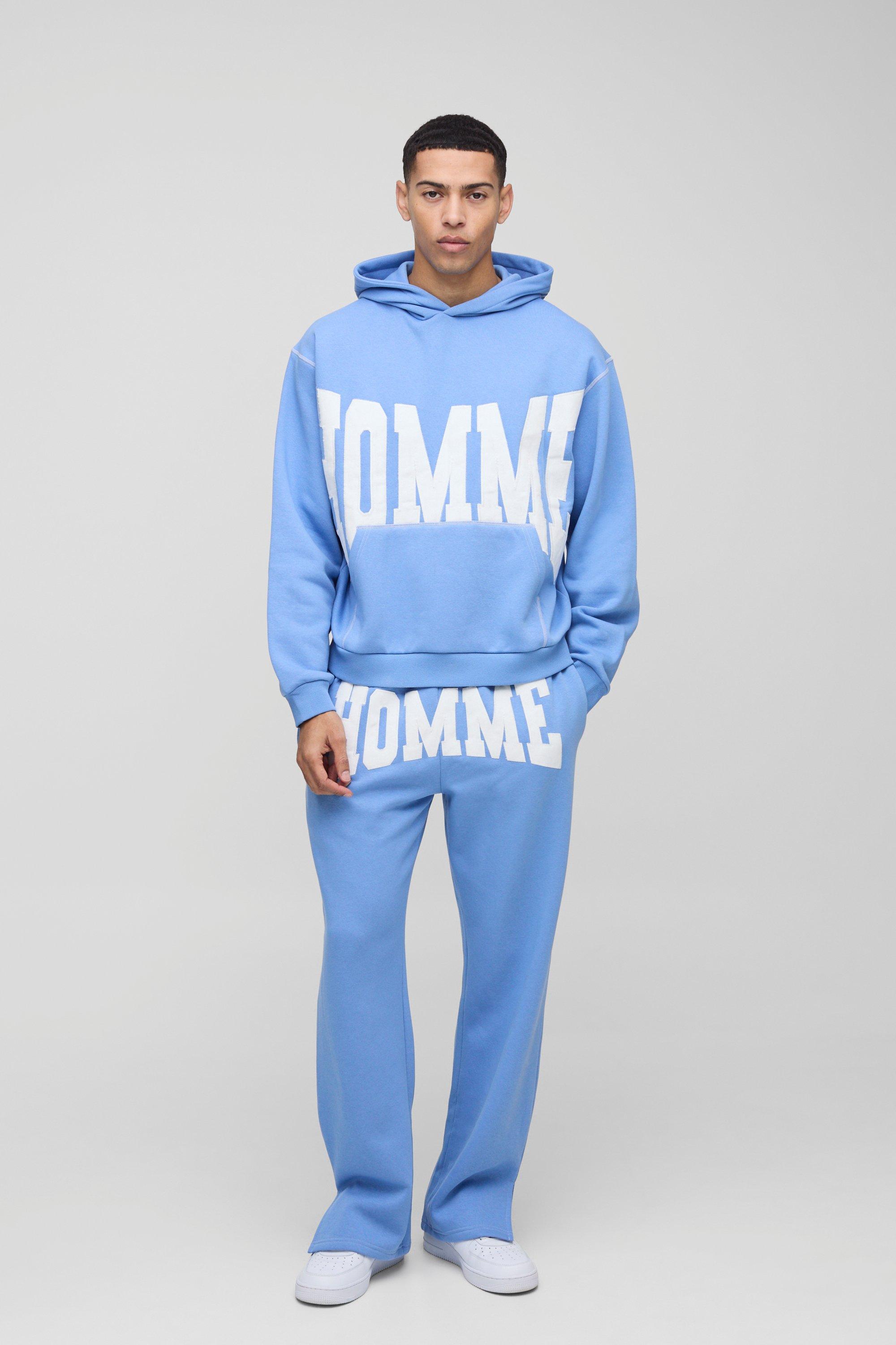 Tuta sportiva squadrata oversize in twill con applique, cuciture a contrasto e cappuccio, Azzurro