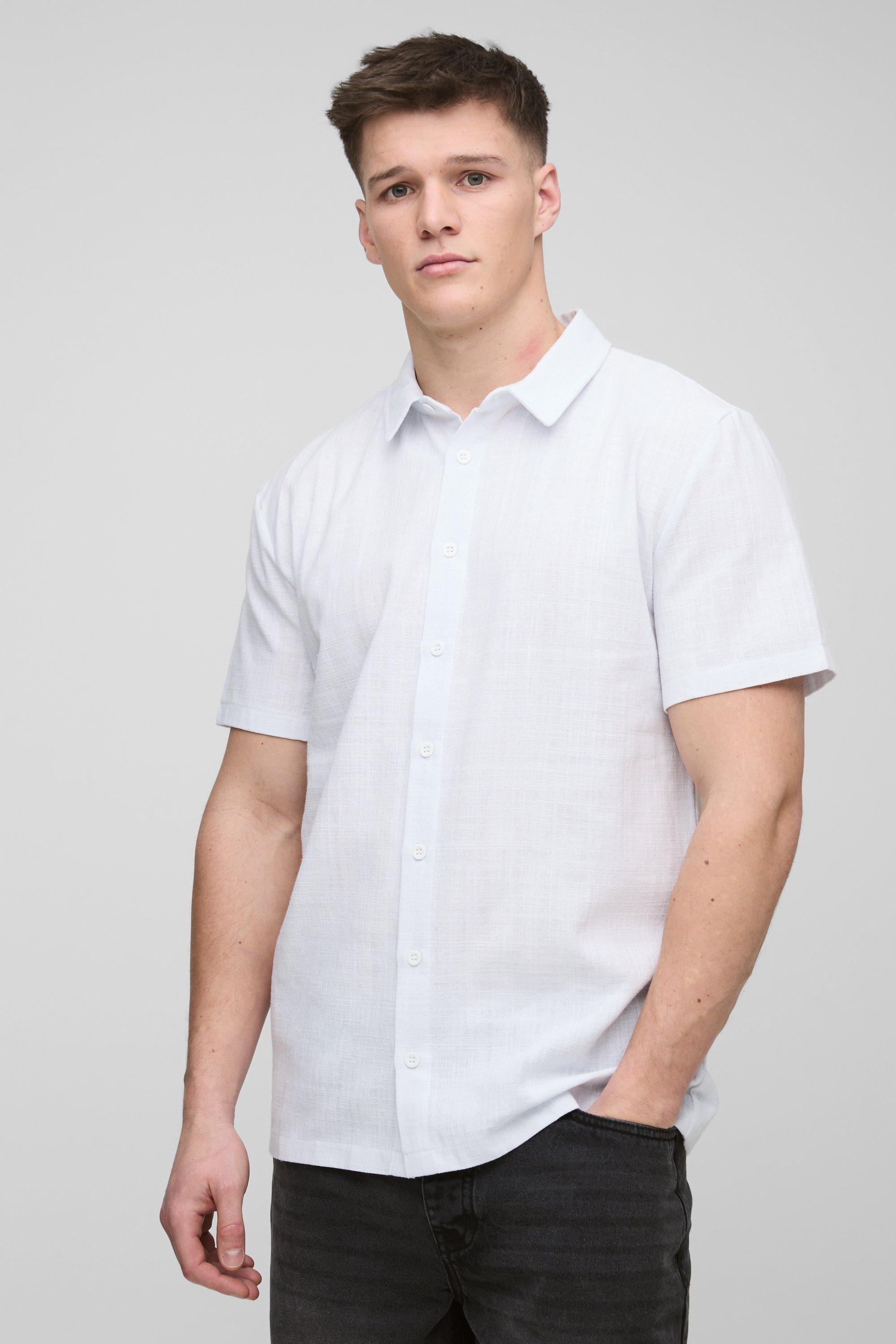 Mens White Tall Linen Regular Fit Short Sleeve Shirt, White