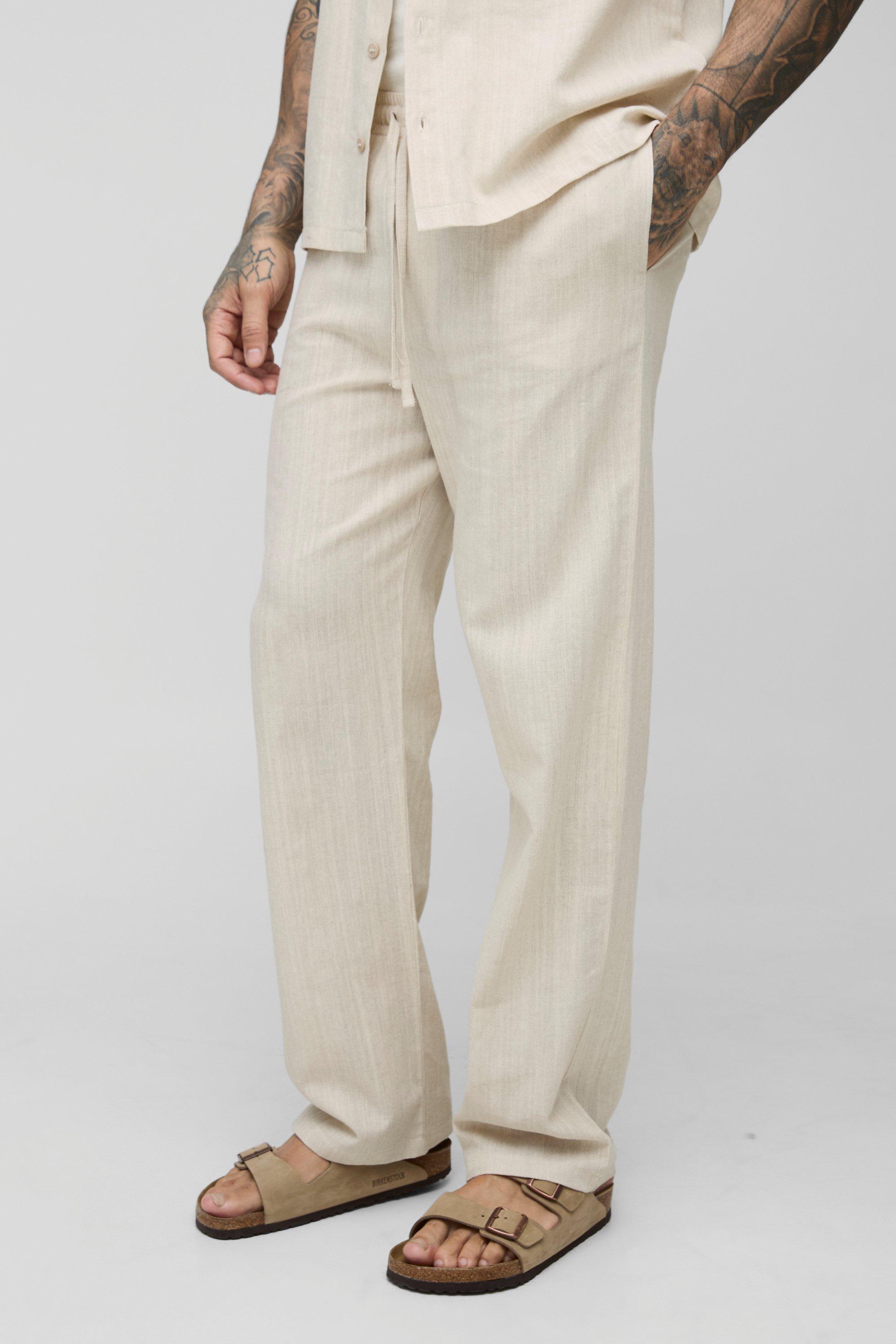 Mens Beige Tall Linen Relaxed Fit Trousers, Beige