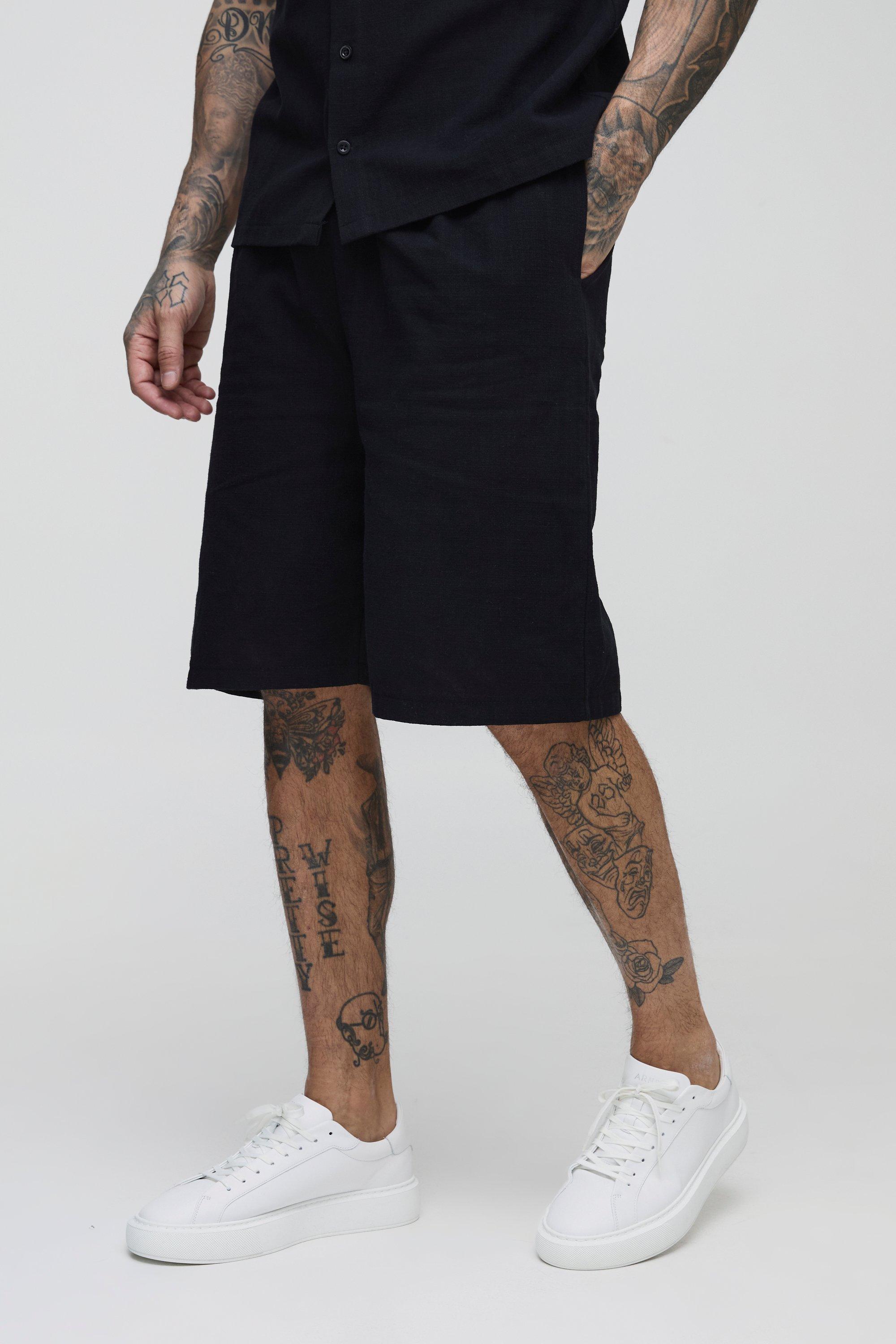 Mens Black Tall Linen Relaxed Fit Shorts, Black