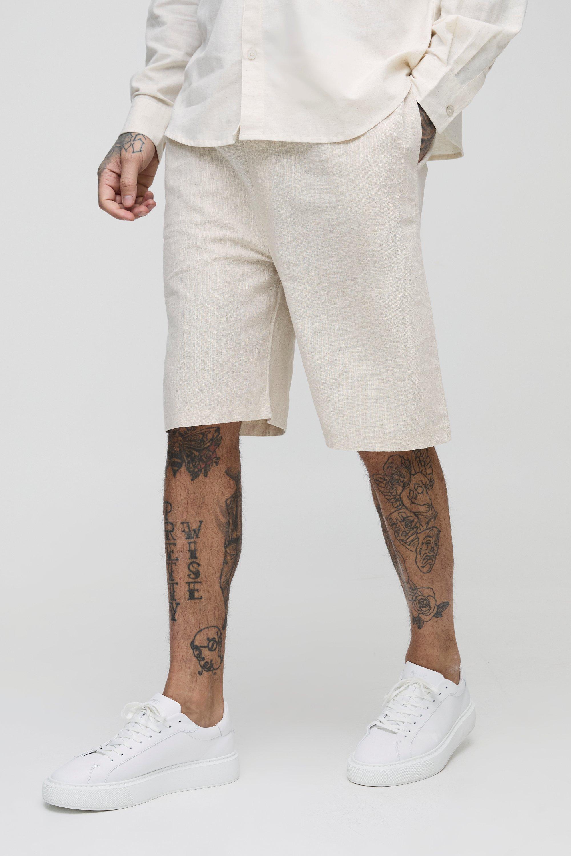 Mens Beige Tall Linen Relaxed Fit Shorts, Beige