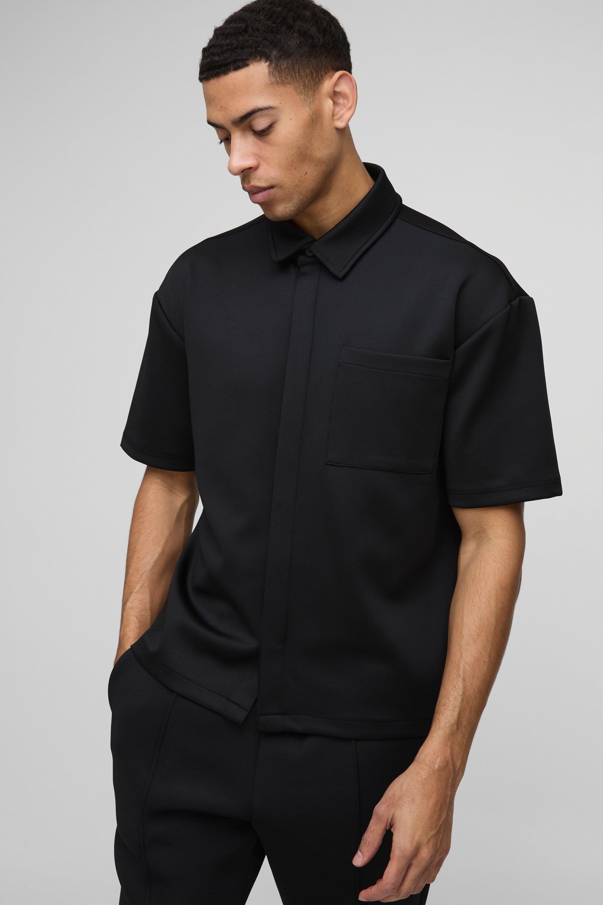 Mens Black Oversized Scuba Concealed Placket Shirt, Black
