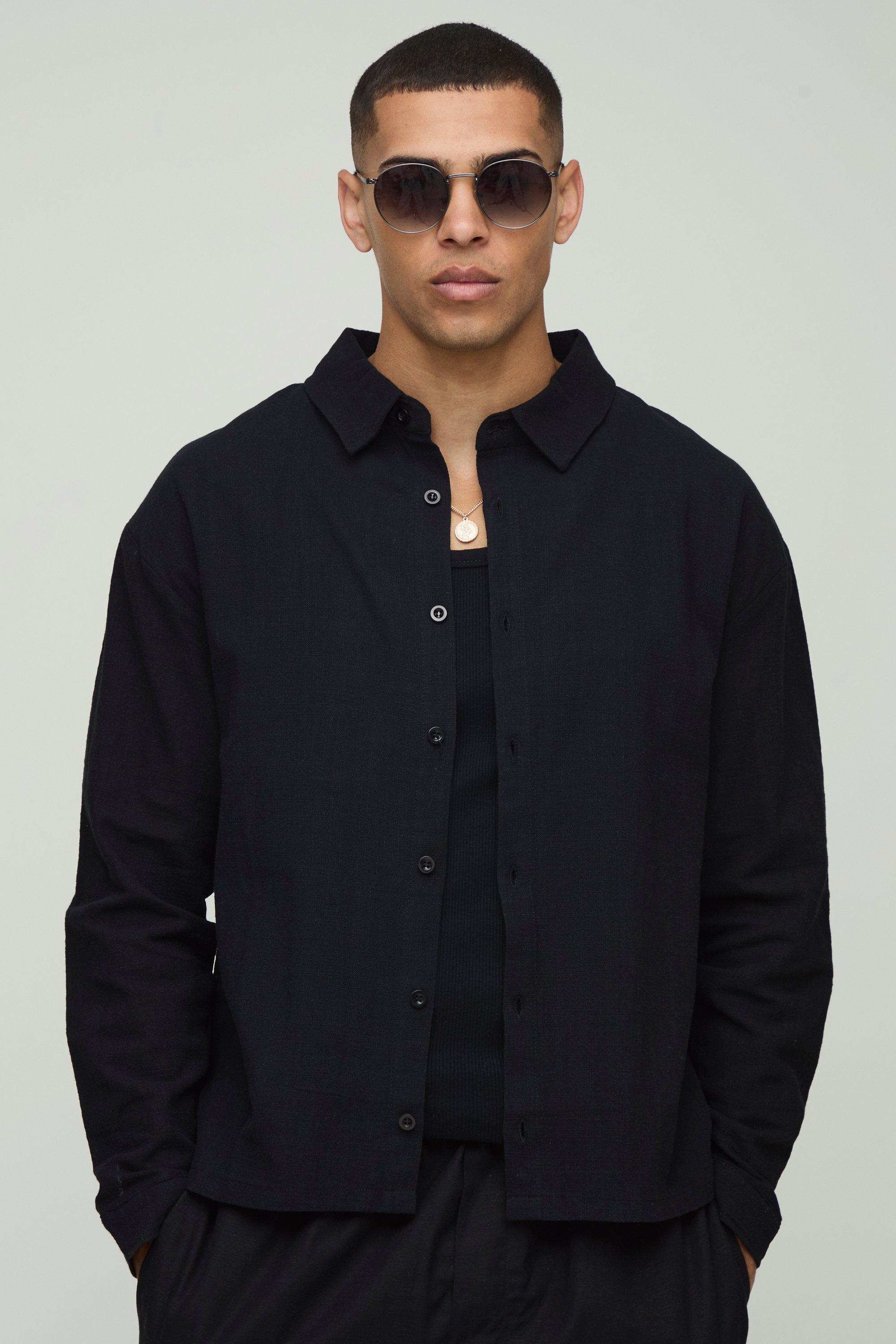 Sovracamicia oversize effetto lino, Nero