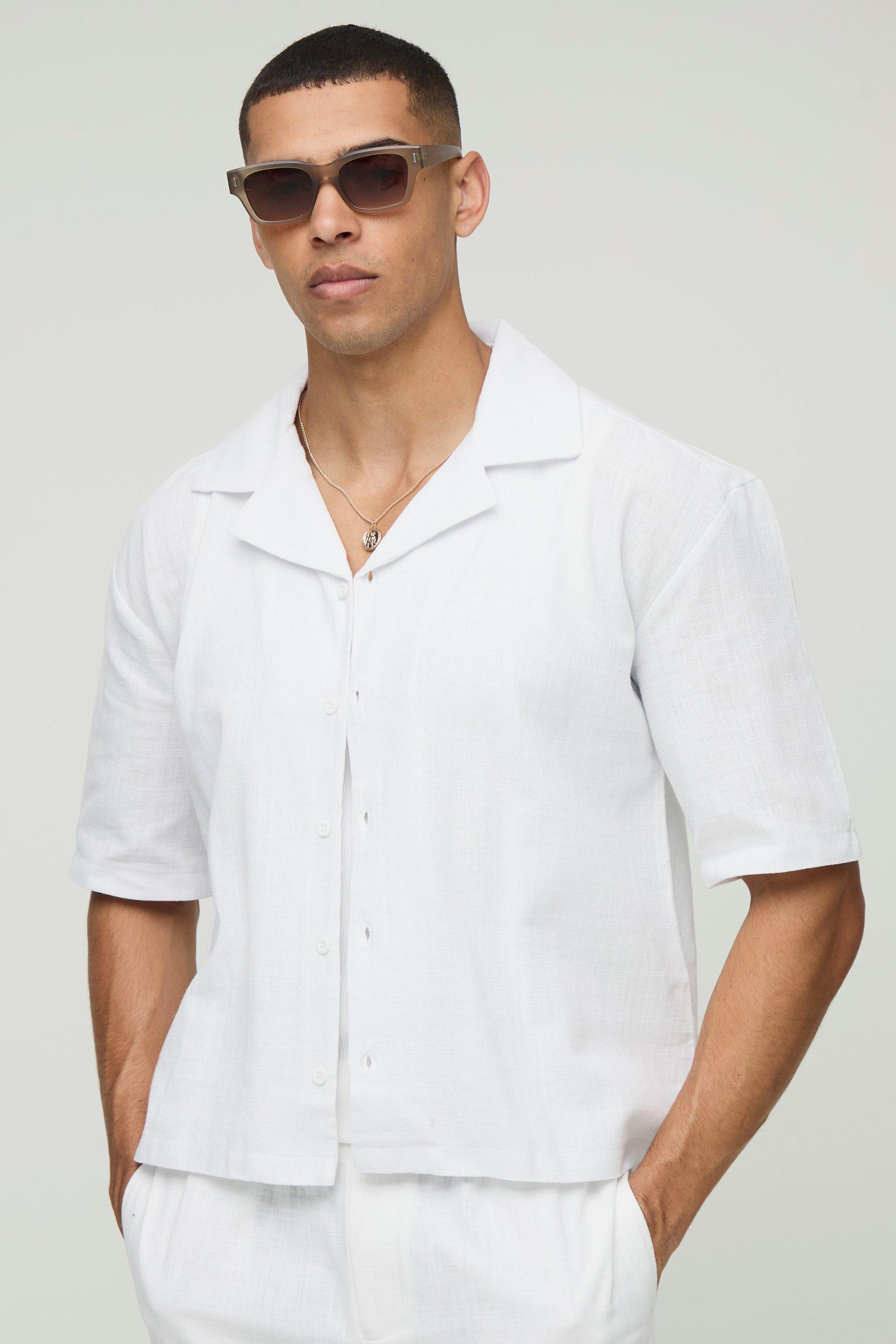 Mens White Regular Linen Look Revere Short Sleeve Shirt, White