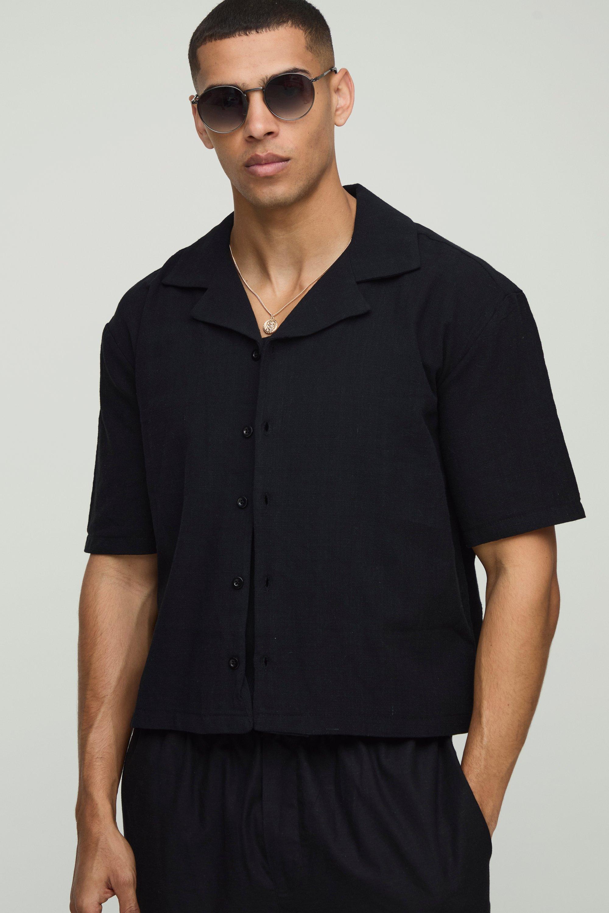 Mens Black Oversized Linen Look Revere Short Sleeve Shirt, Black