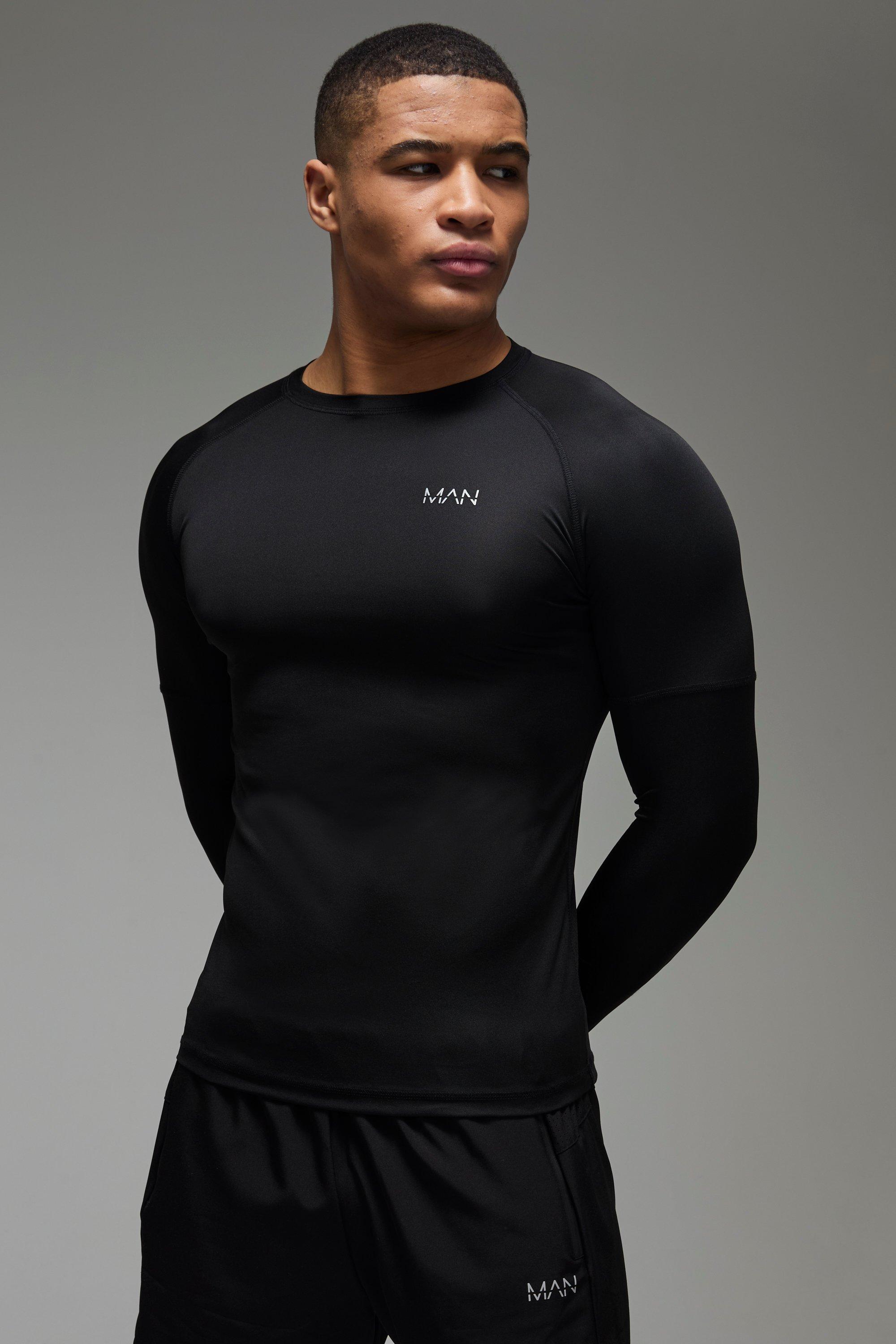 Mens Black Man Active Running Long Sleeve Muscle Fit Mesh T-shirt, Black