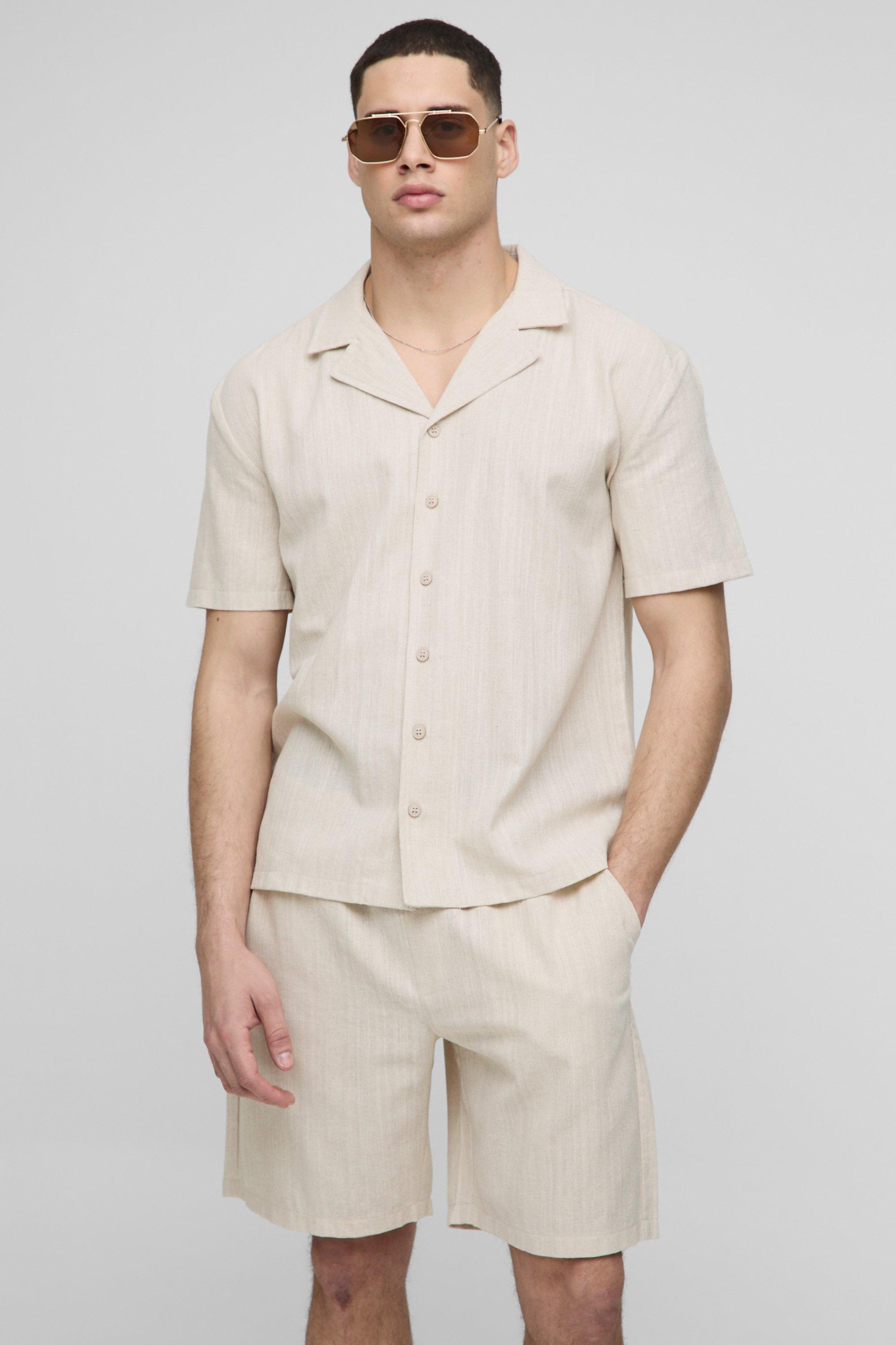 Set camicia oversize in misto lino con rever & pantaloncini rilassati, Beige