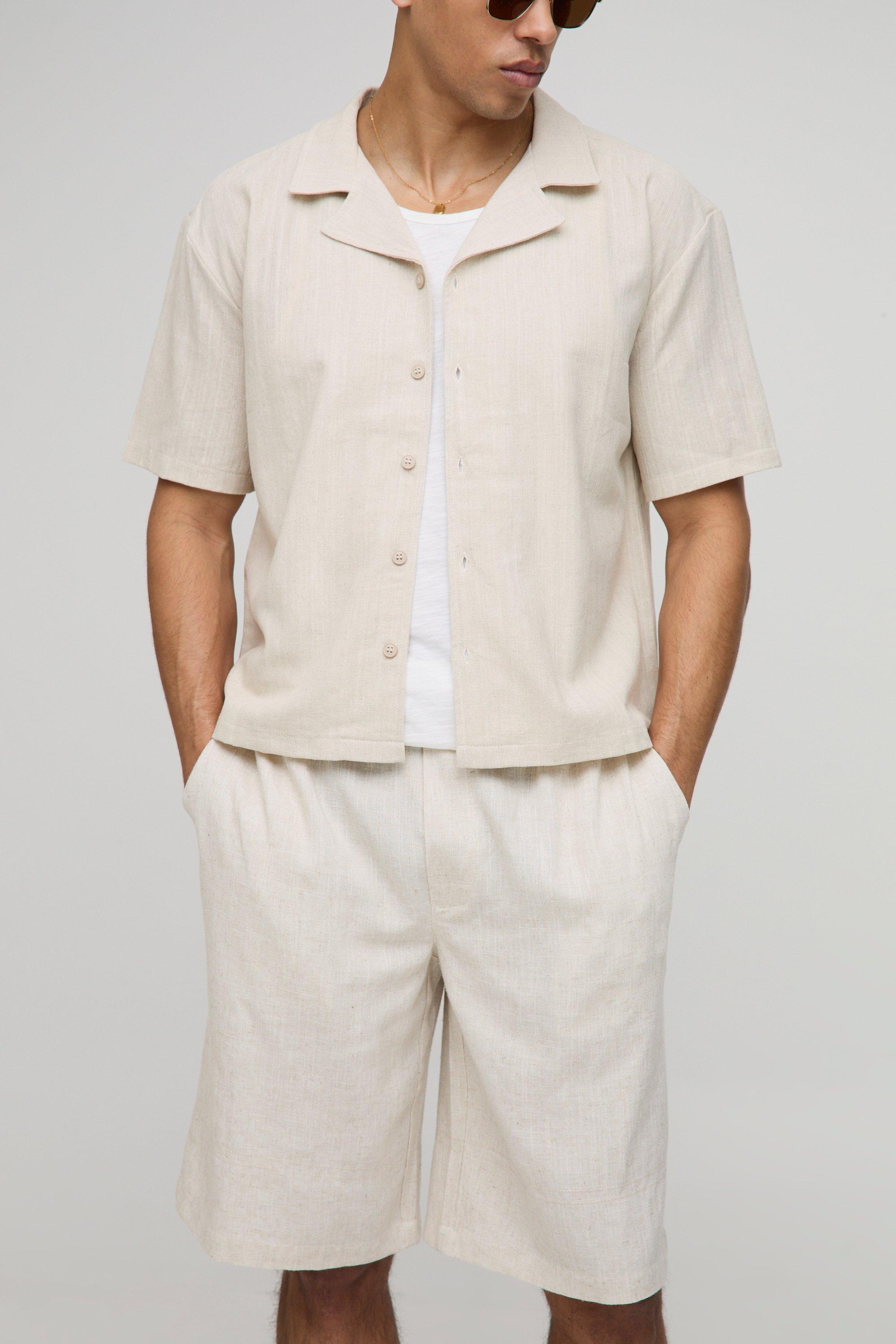 Oversized Linen Blend Revere Short Sleeve Shirt, Beige