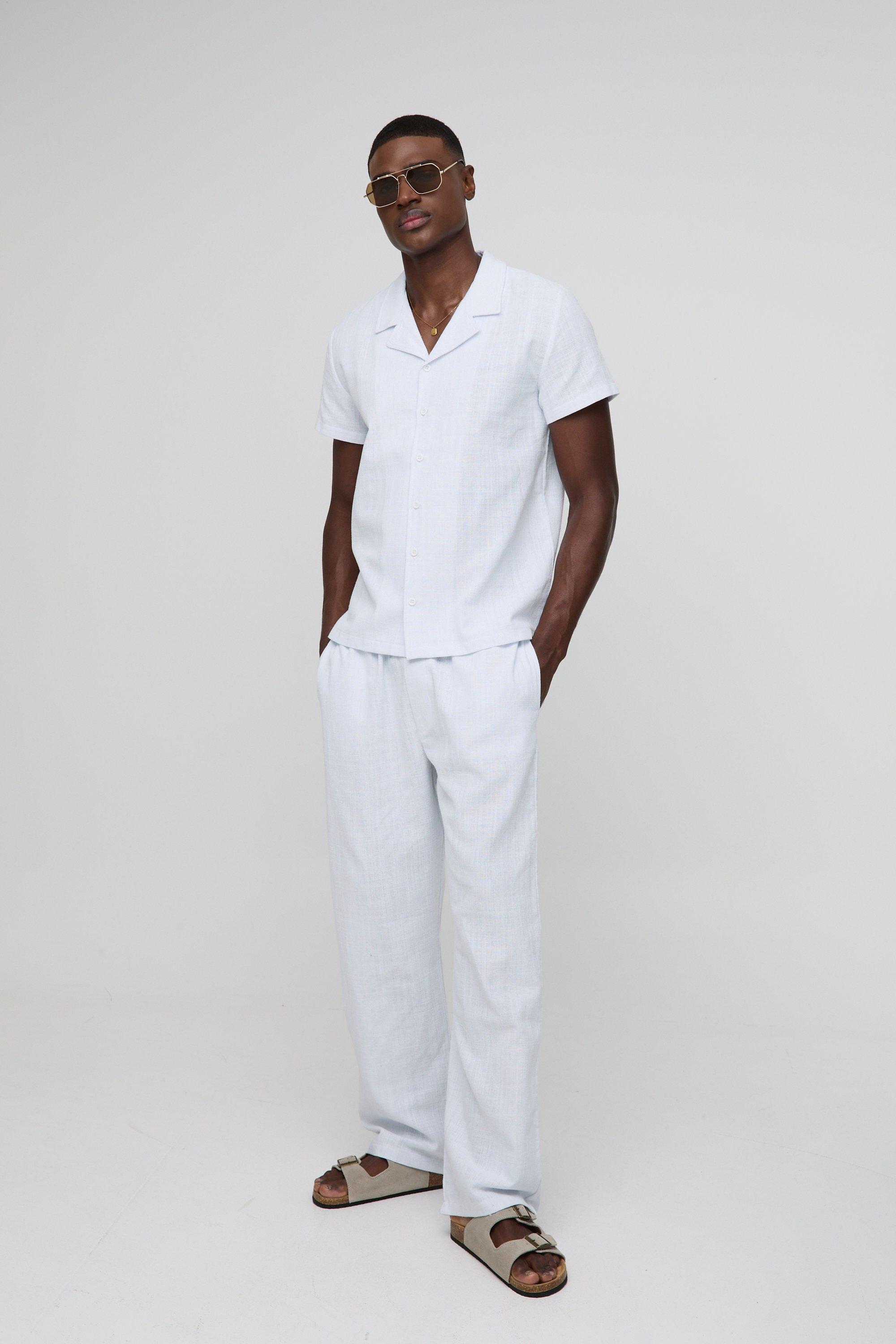 Camicia effetto lino Regular Fit con rever & pantaloni dritti, Bianco