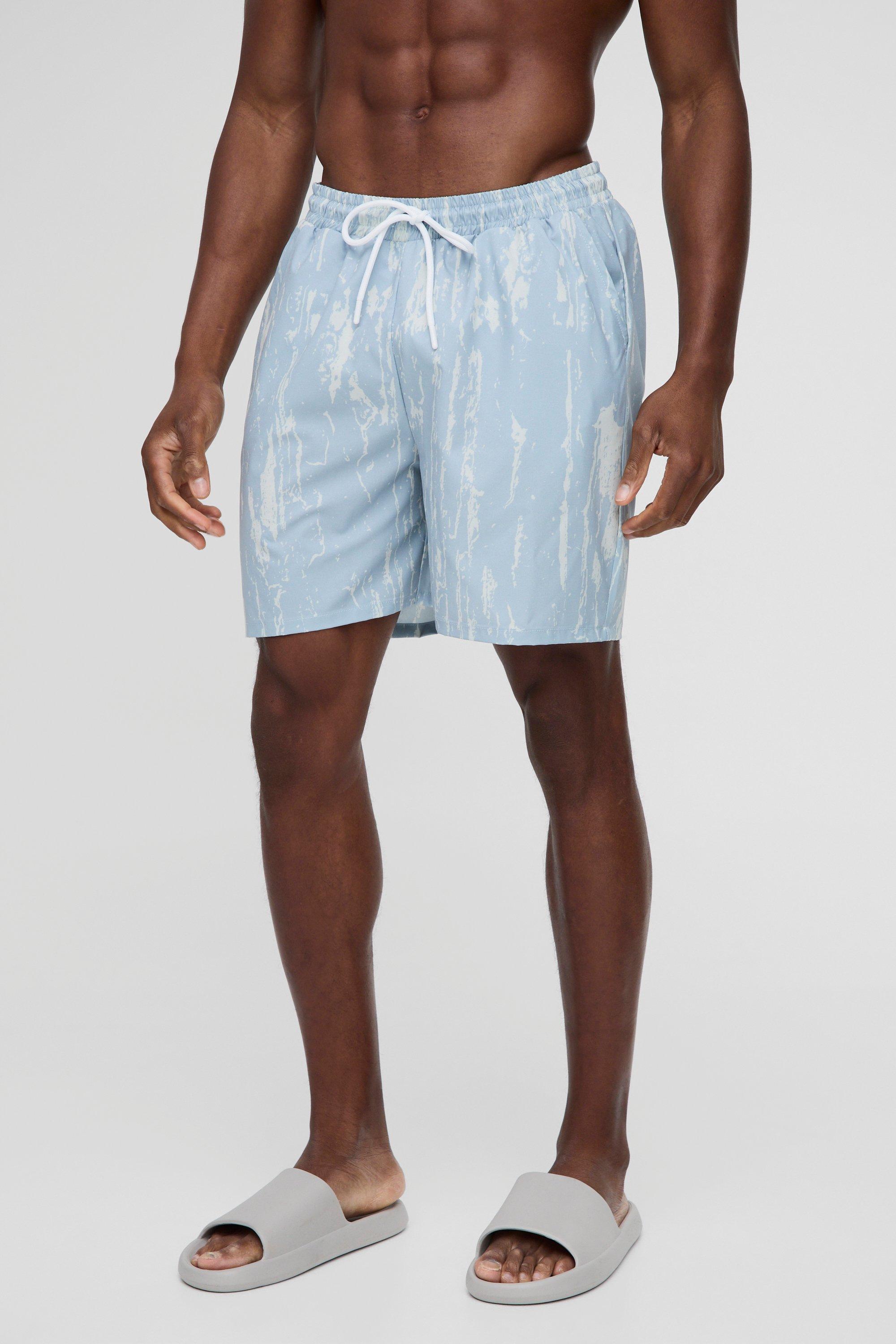 Mens Blue Regular Print Mid Length Abstract Printed Swim Short, Blue