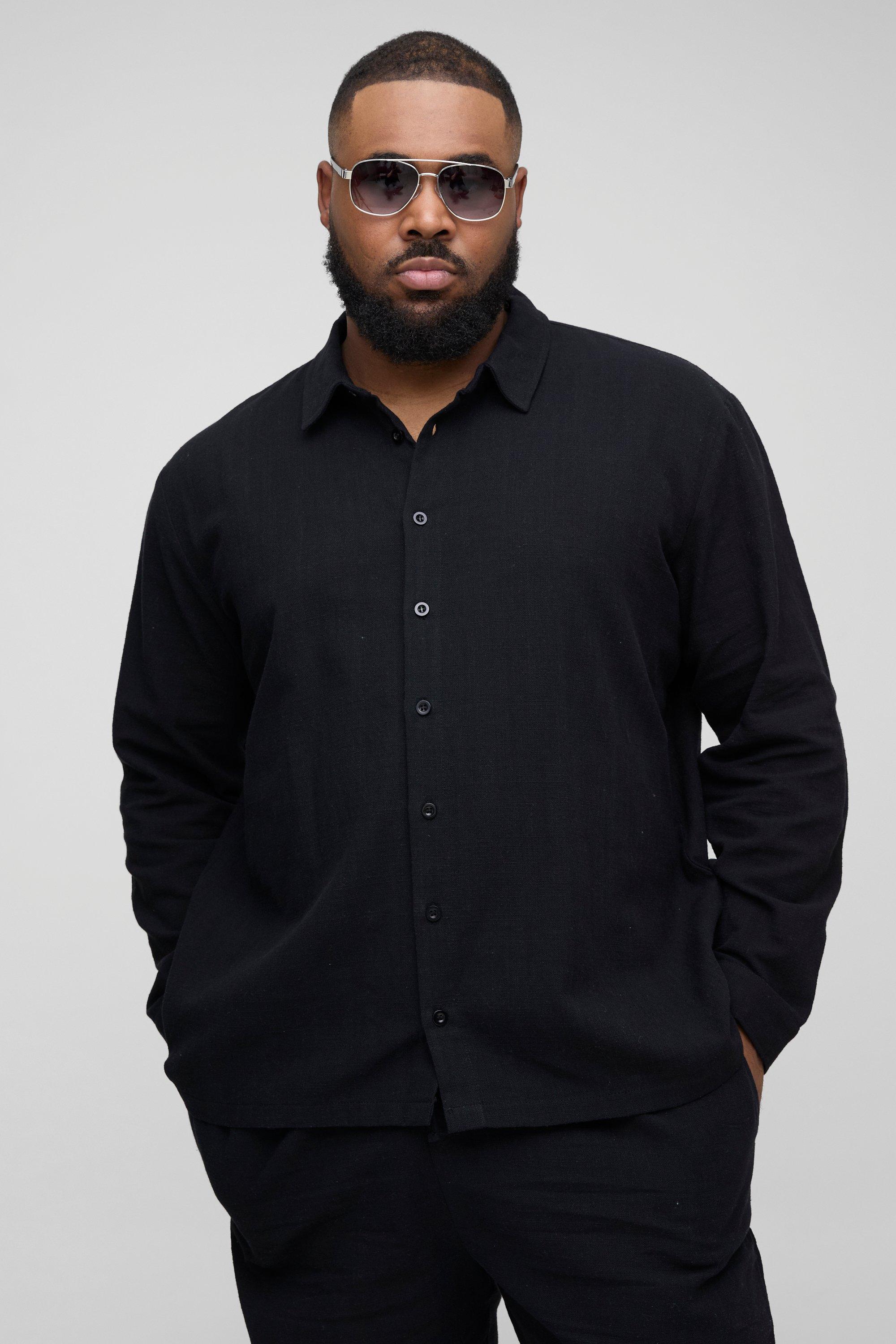 Mens Black Plus Linen Oversized Long Sleeve Shirt, Black
