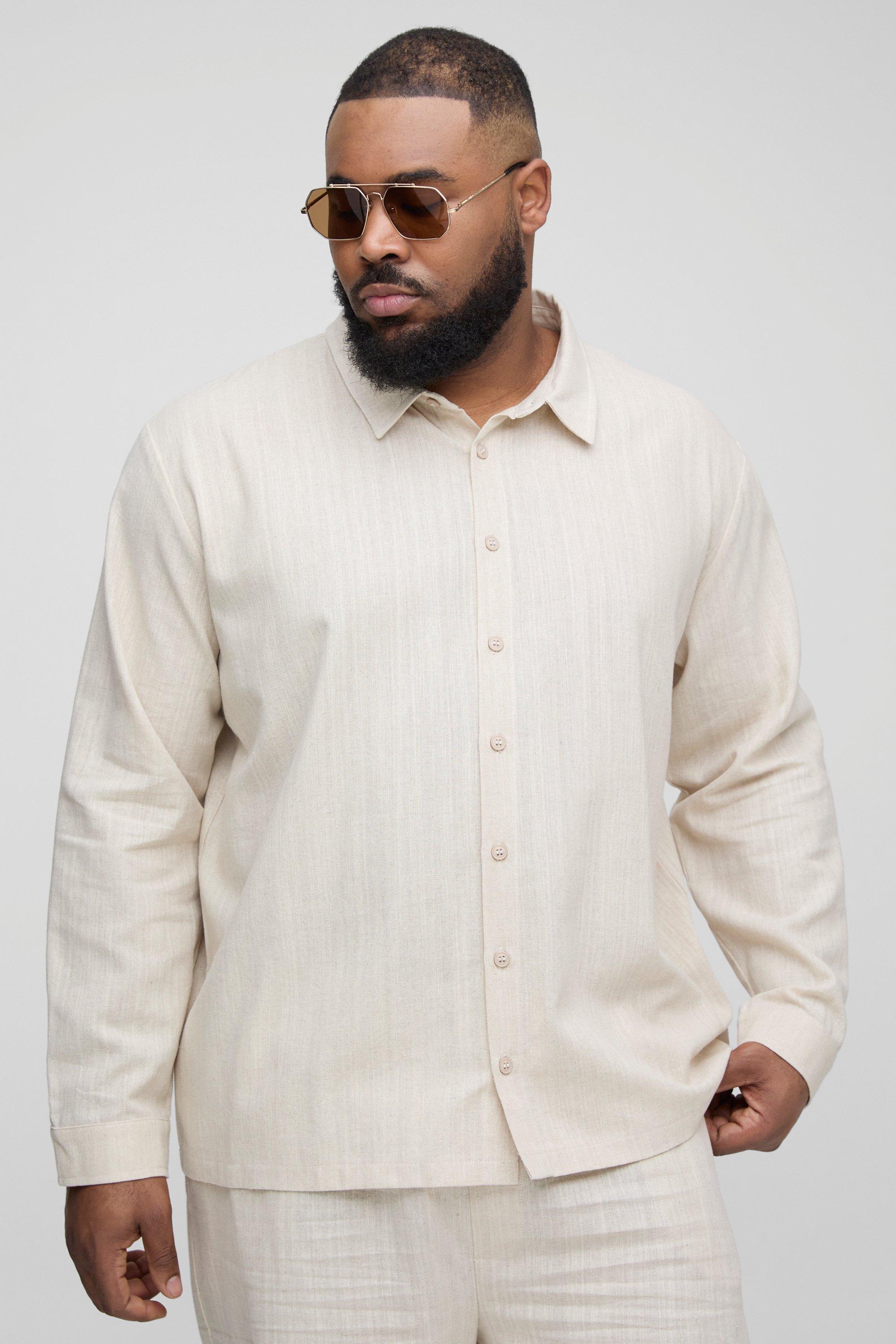 Mens Beige Plus Linen Oversized Long Sleeve Shirt, Beige