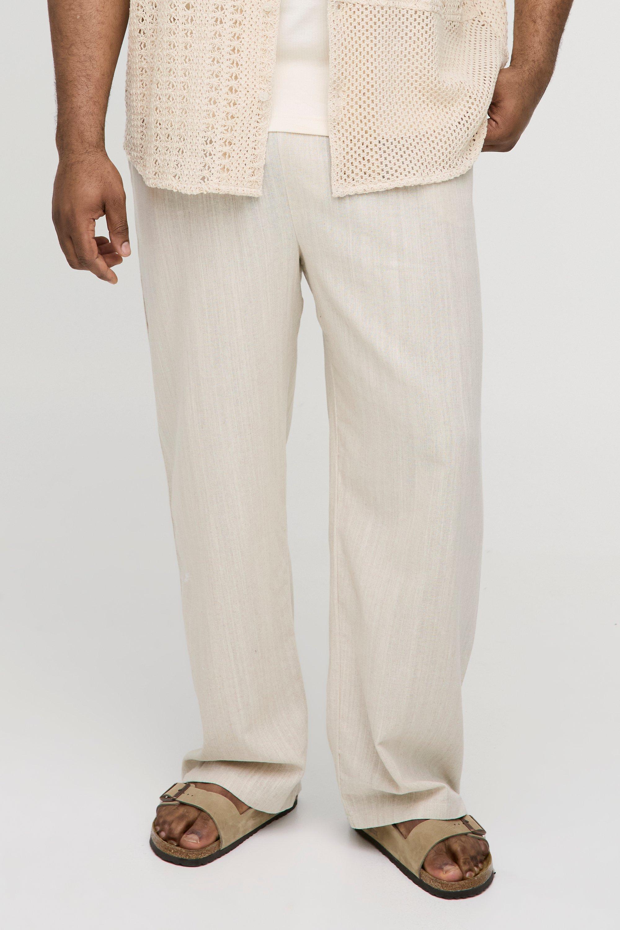 Mens Beige Plus Linen Relaxed Fit Trousers, Beige