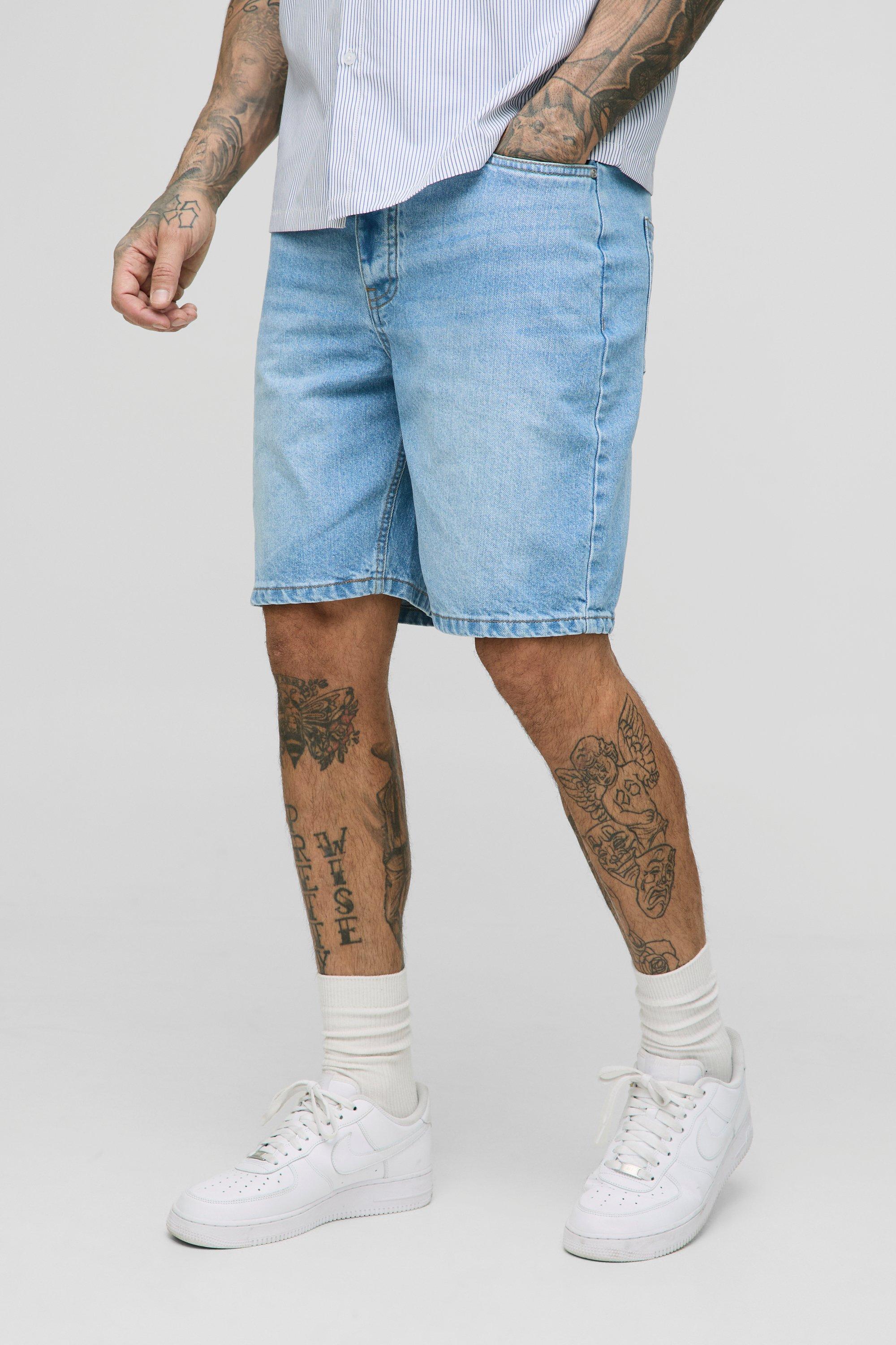 Mens Grey Tall Relaxed Rigid Denim Shorts, Grey