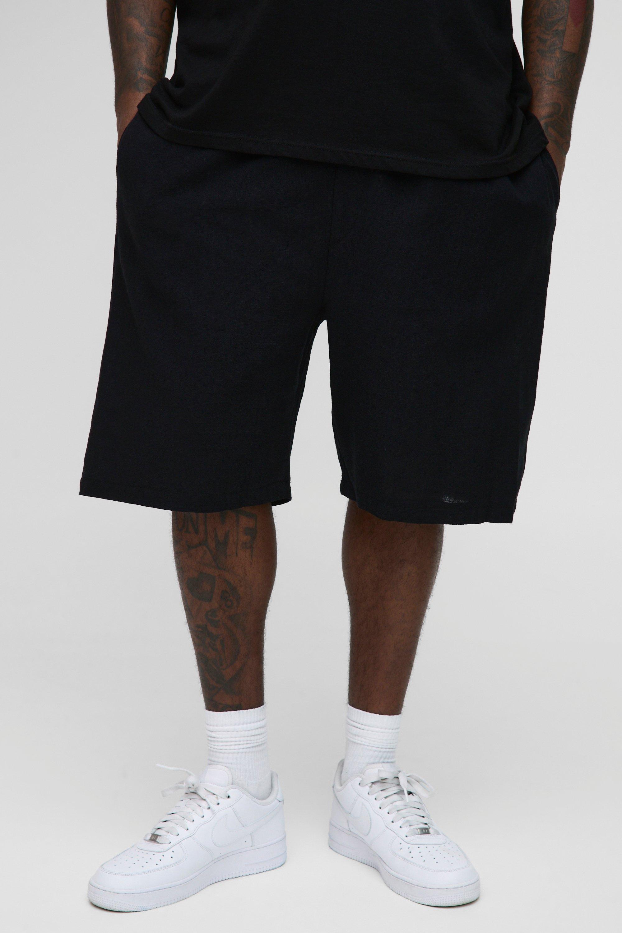 Mens Black Plus Linen Relaxed Fit Shorts, Black
