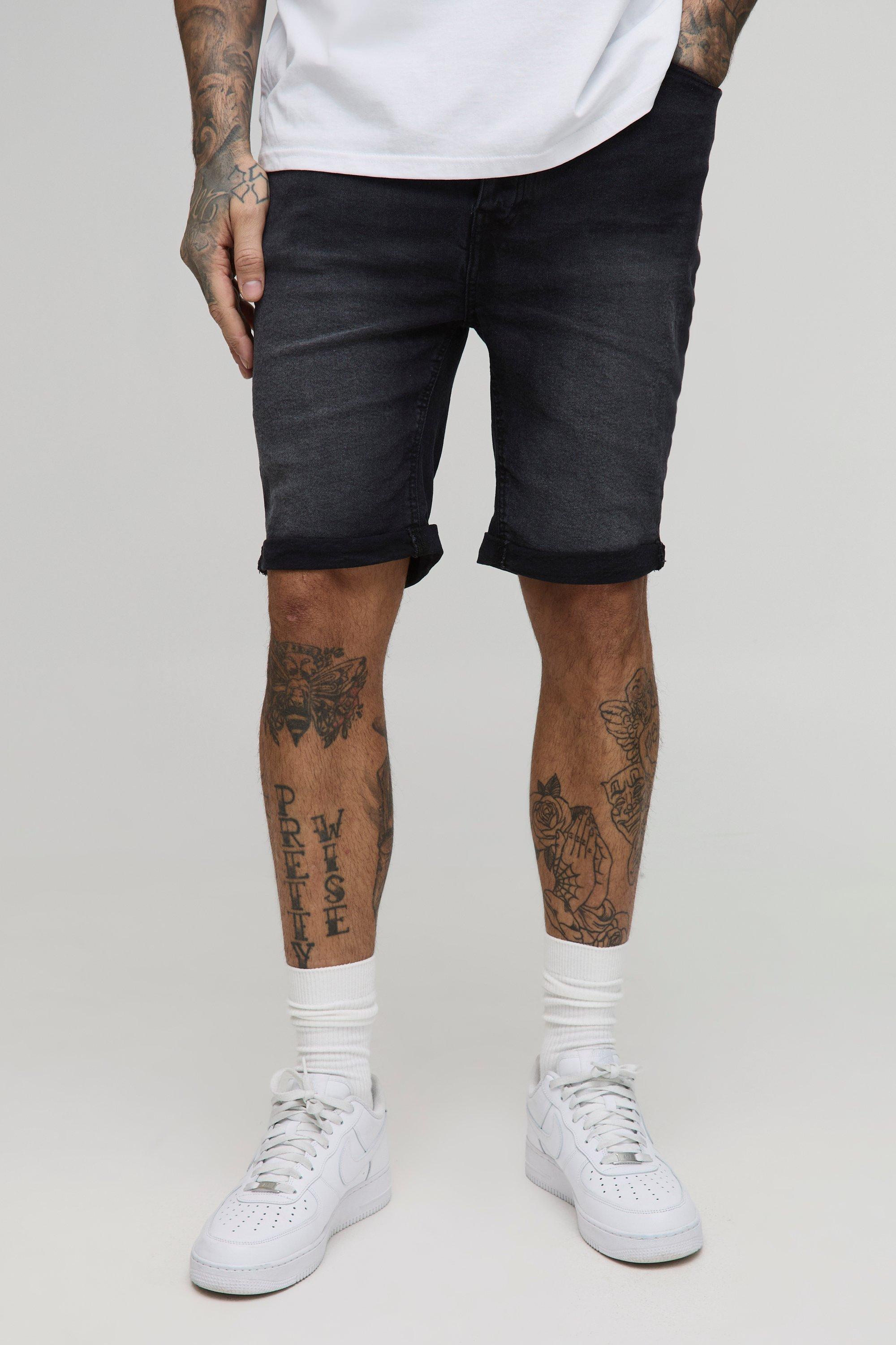 Pantaloncini Tall in denim Stretch Skinny Fit strappati, Nero