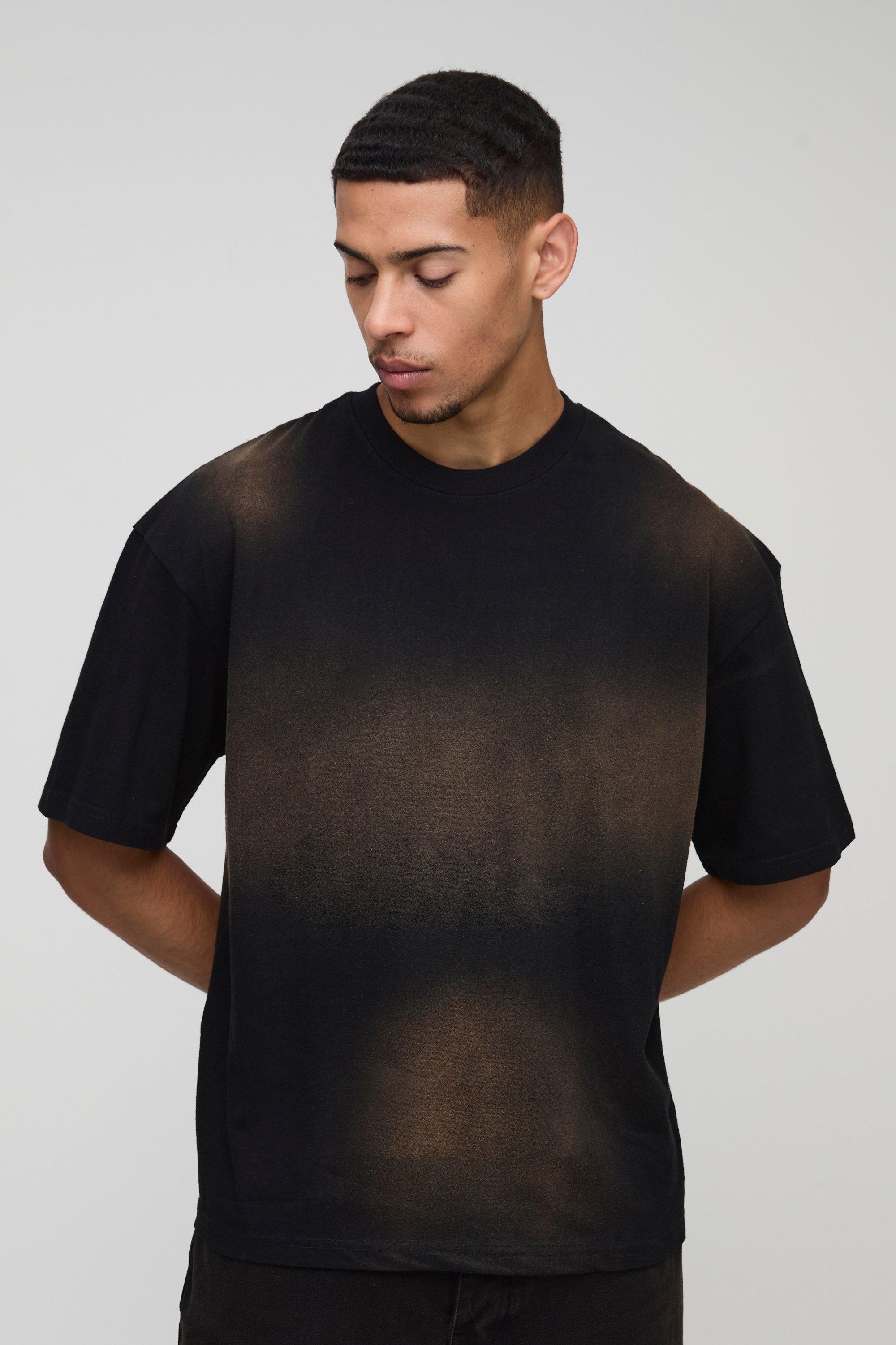 Mens Black Oversized Spray Wash Crew Neck T-Shirt, Black