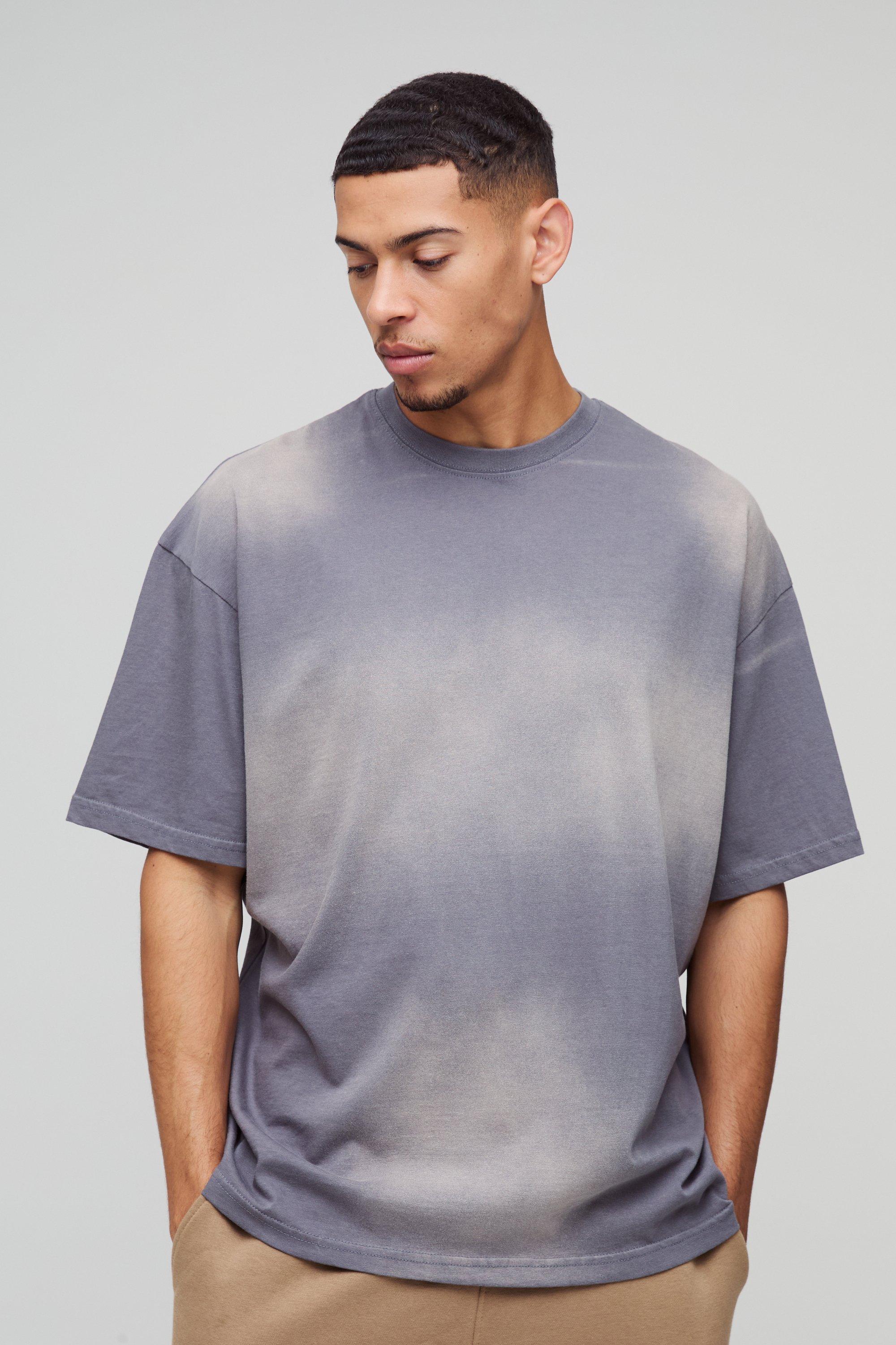 Mens Grey Oversized Spray Wash Crew Neck T-Shirt, Grey