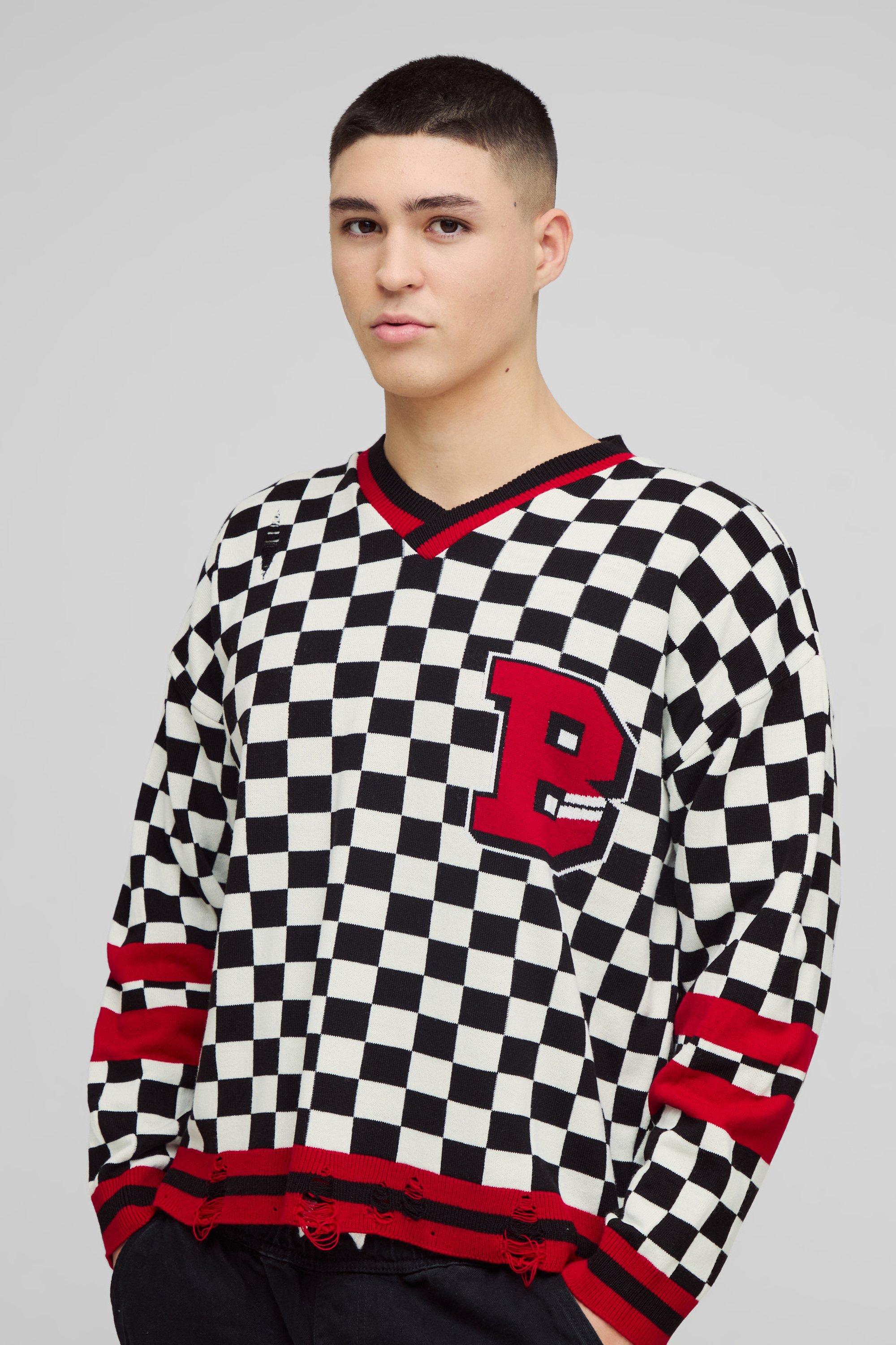 Maglione squadrato stile college a quadri effetto smagliato con scollo a V, Nero
