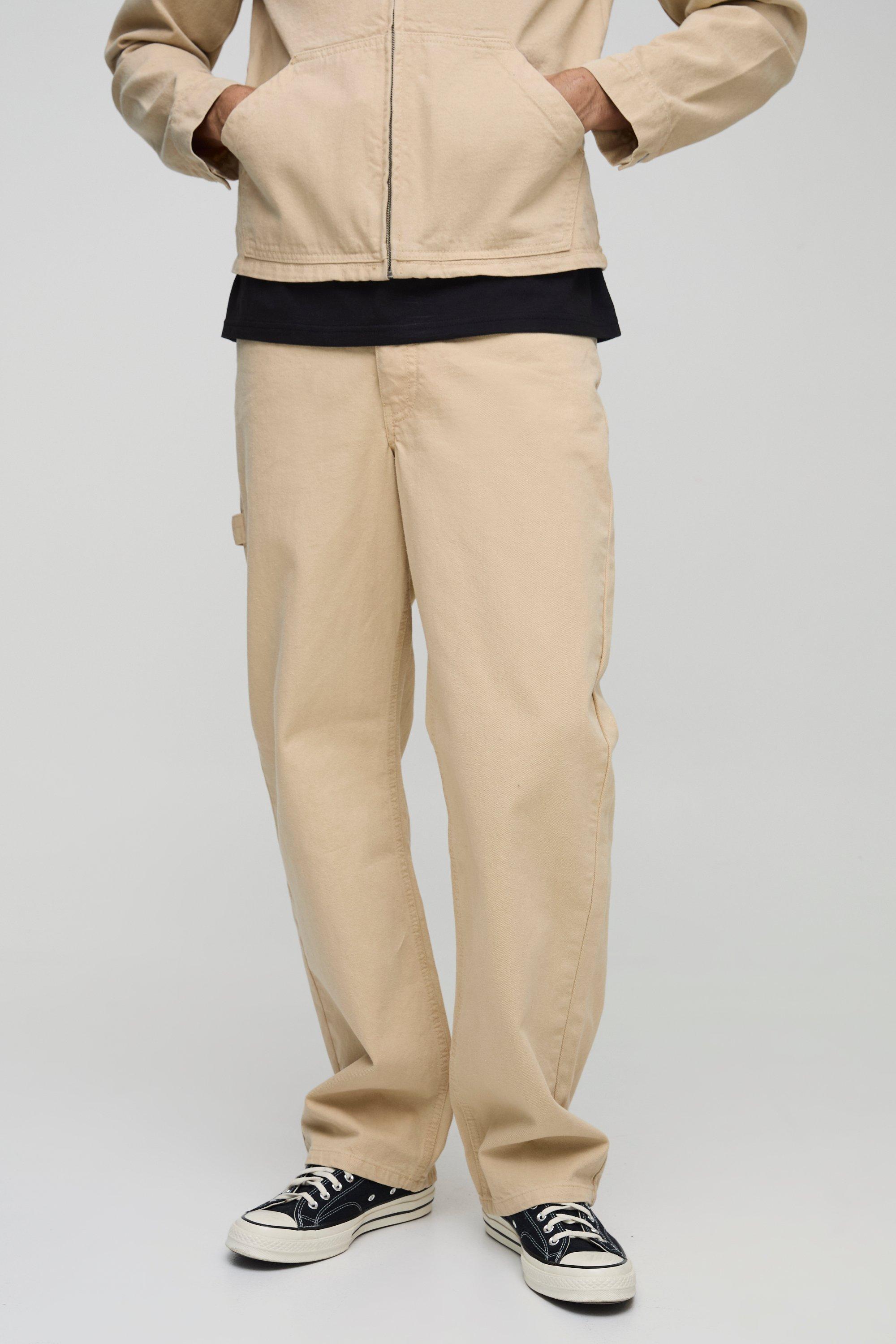 Mens Cream Relaxed Fit Twill Worker Trousers, Cream