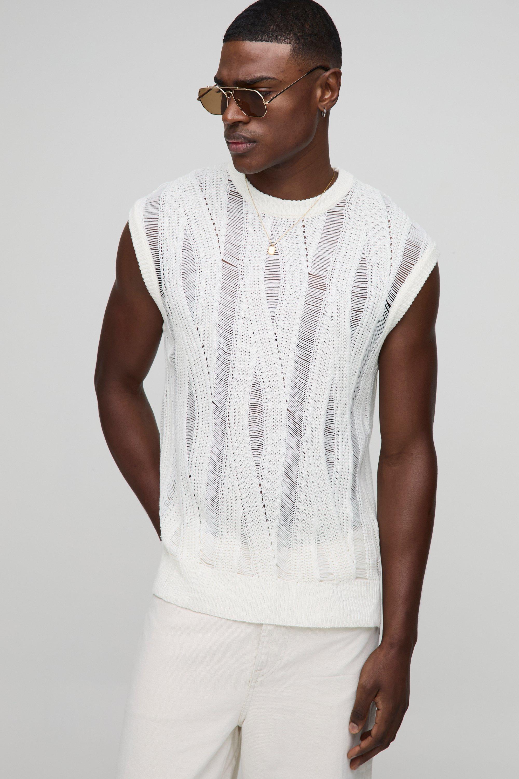 Mens Cream Regular Ladder Open Stitch Knitted Vest, Cream