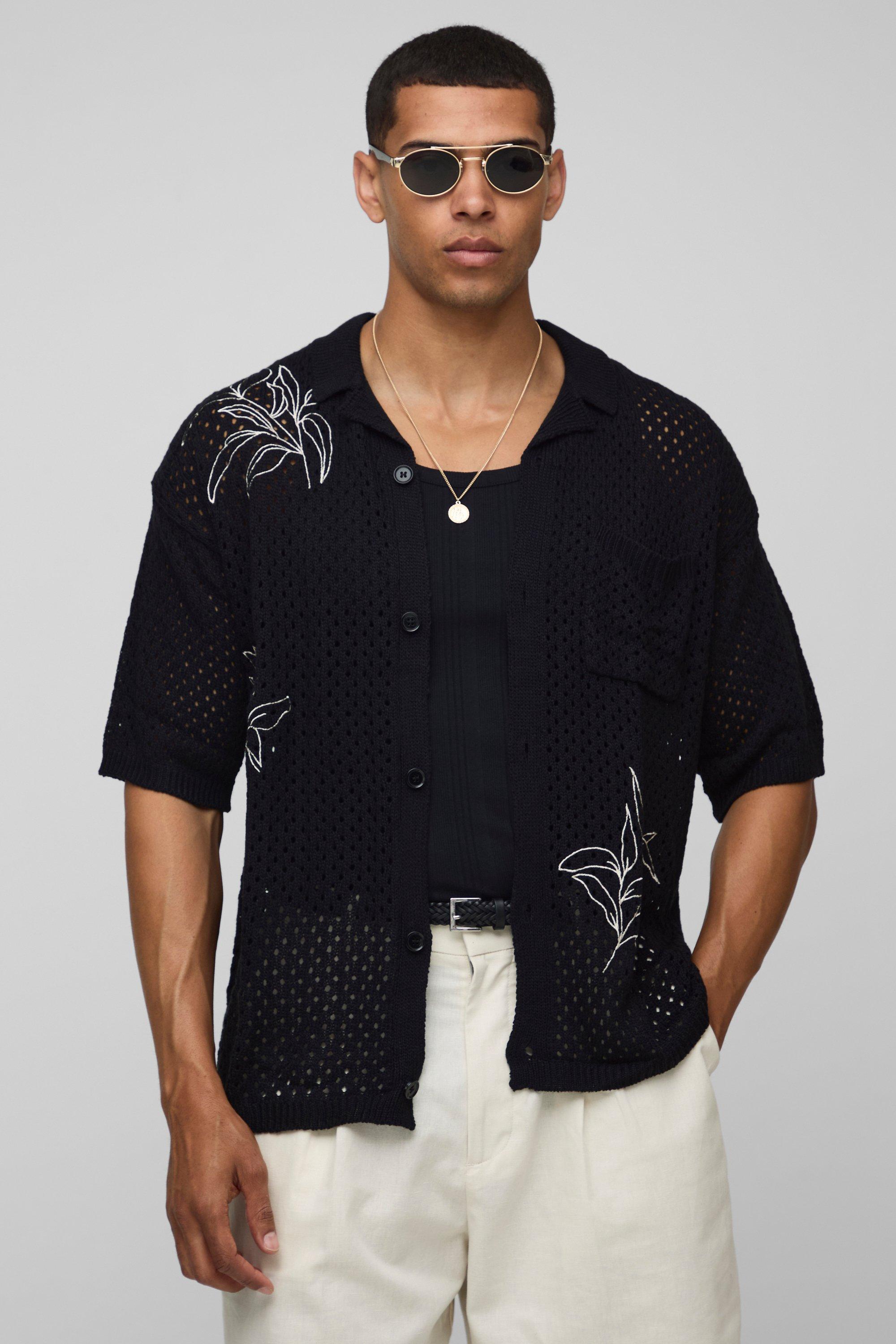 Camicia squadrata oversize in maglia effetto uncinetto con ricami, Nero