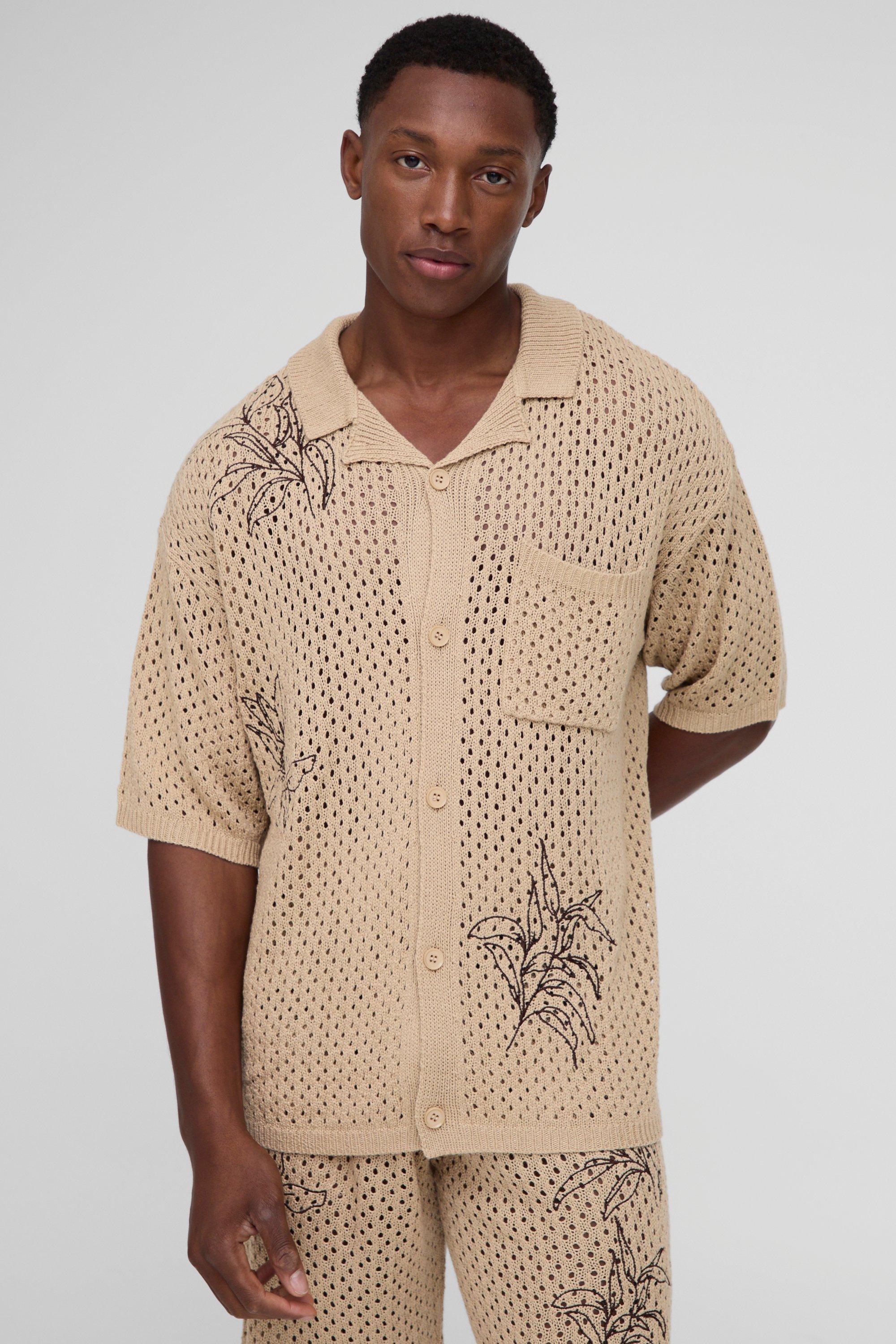 Camicia squadrata oversize in maglia effetto uncinetto con ricami, Brown