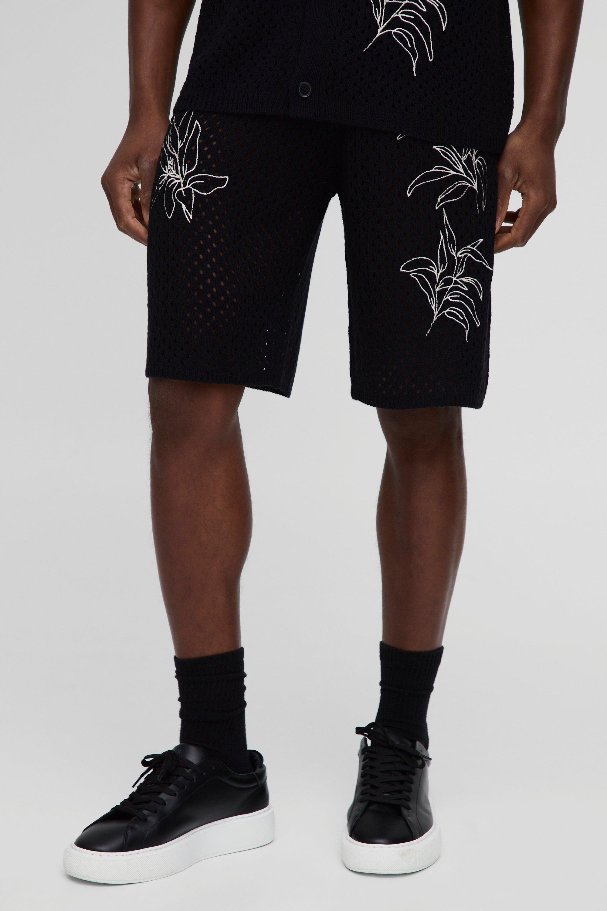 Pantaloncini rilassati in maglia effetto uncinetto con ricami, Nero