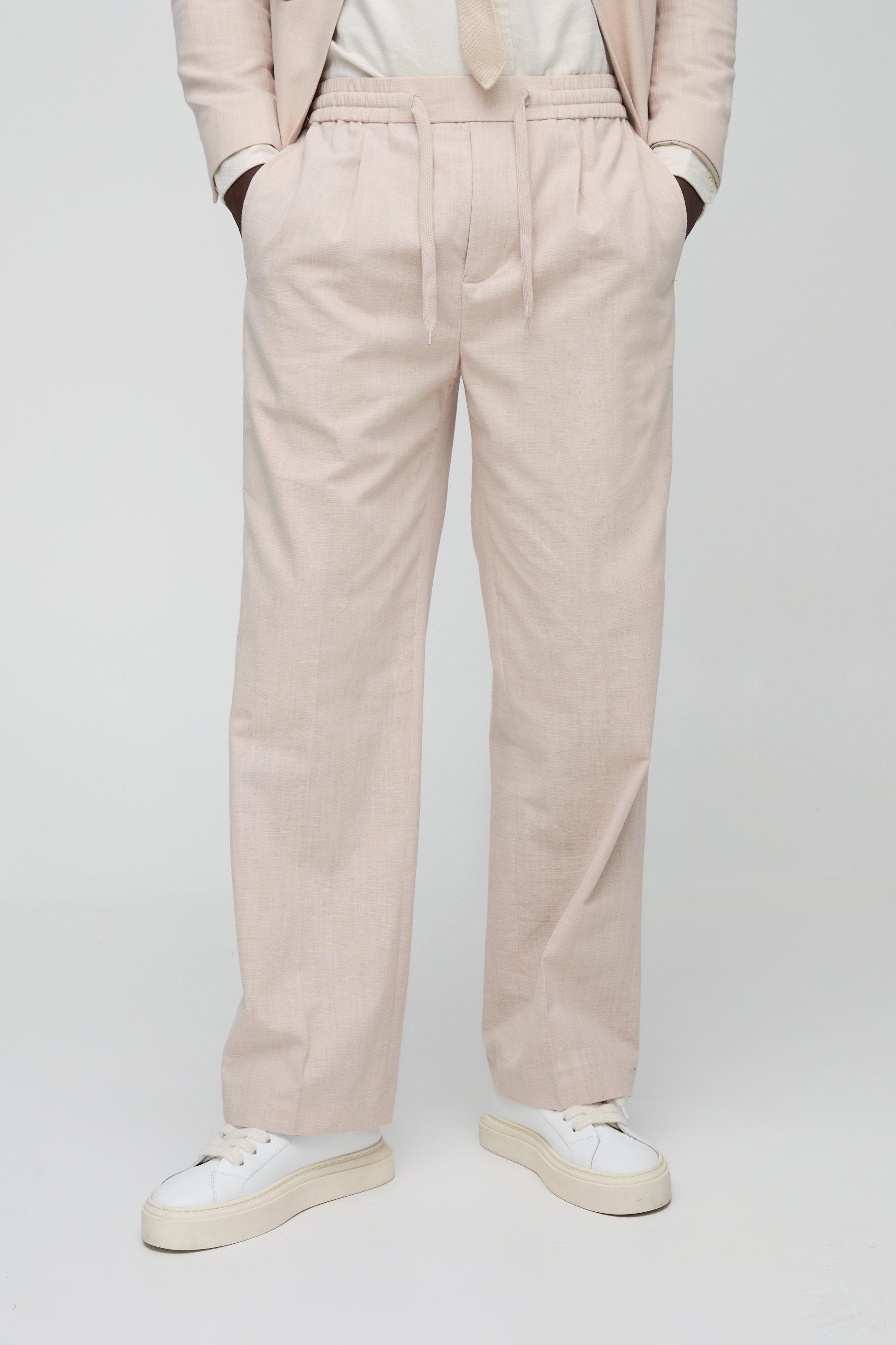 Mens Beige Wide Fit Elasticated Waist Linen Blend Trouser, Beige