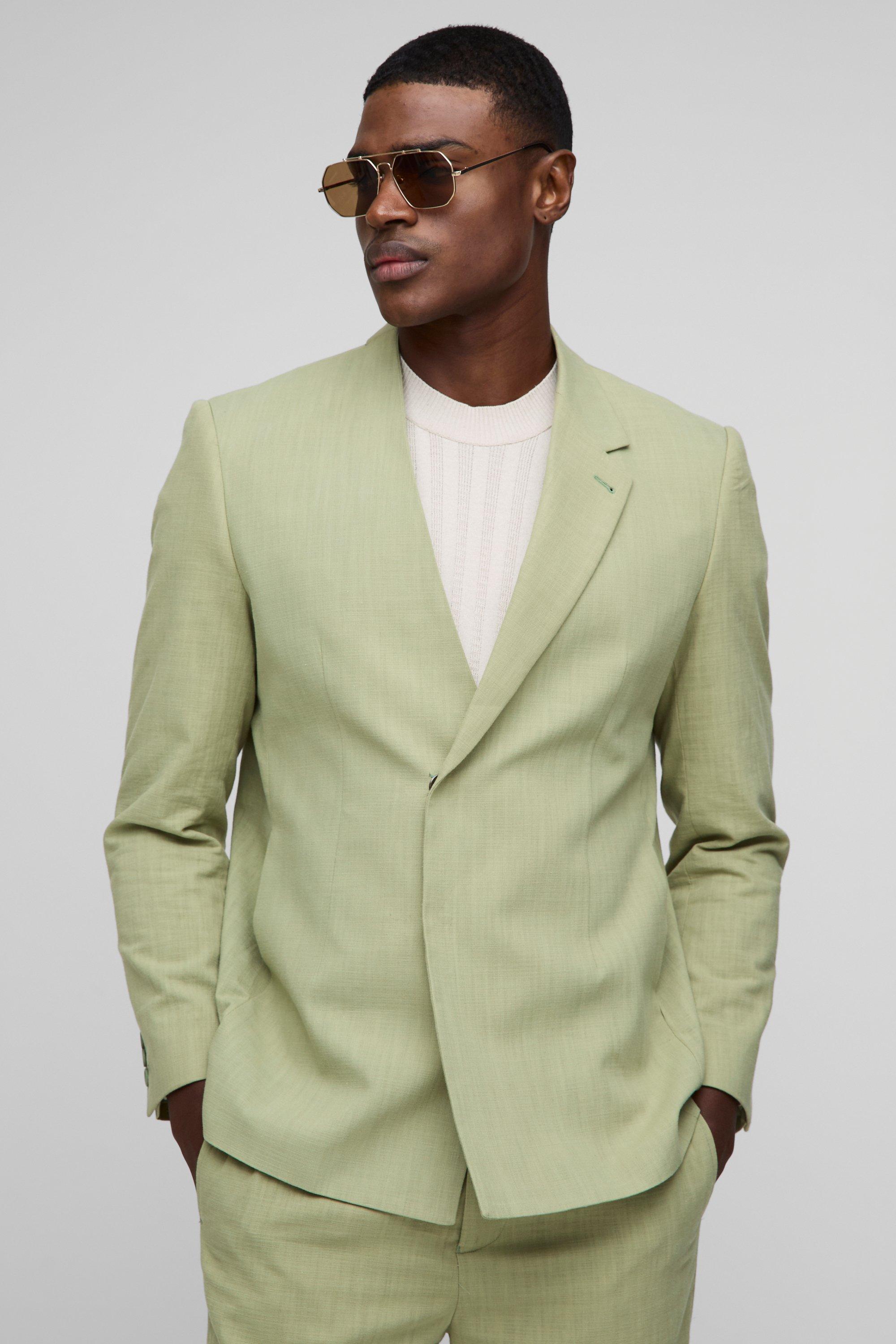 Mens Green Straight Fit Linen Blend Blazer, Green
