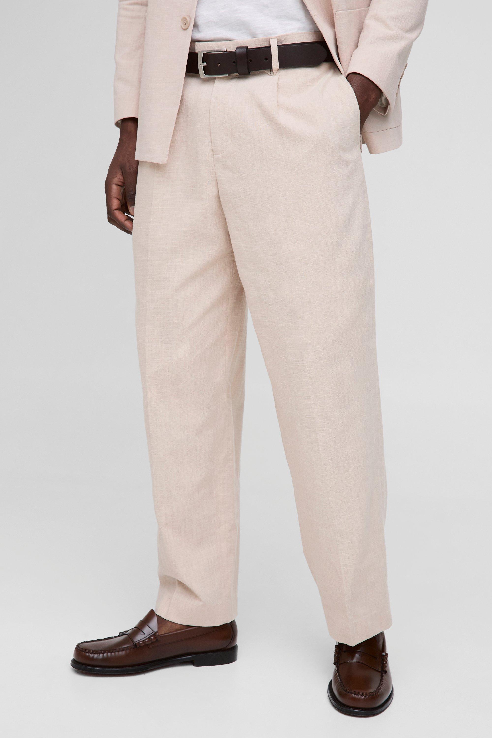 Mens Beige Relaxed Fit Linen Blend Trouser, Beige