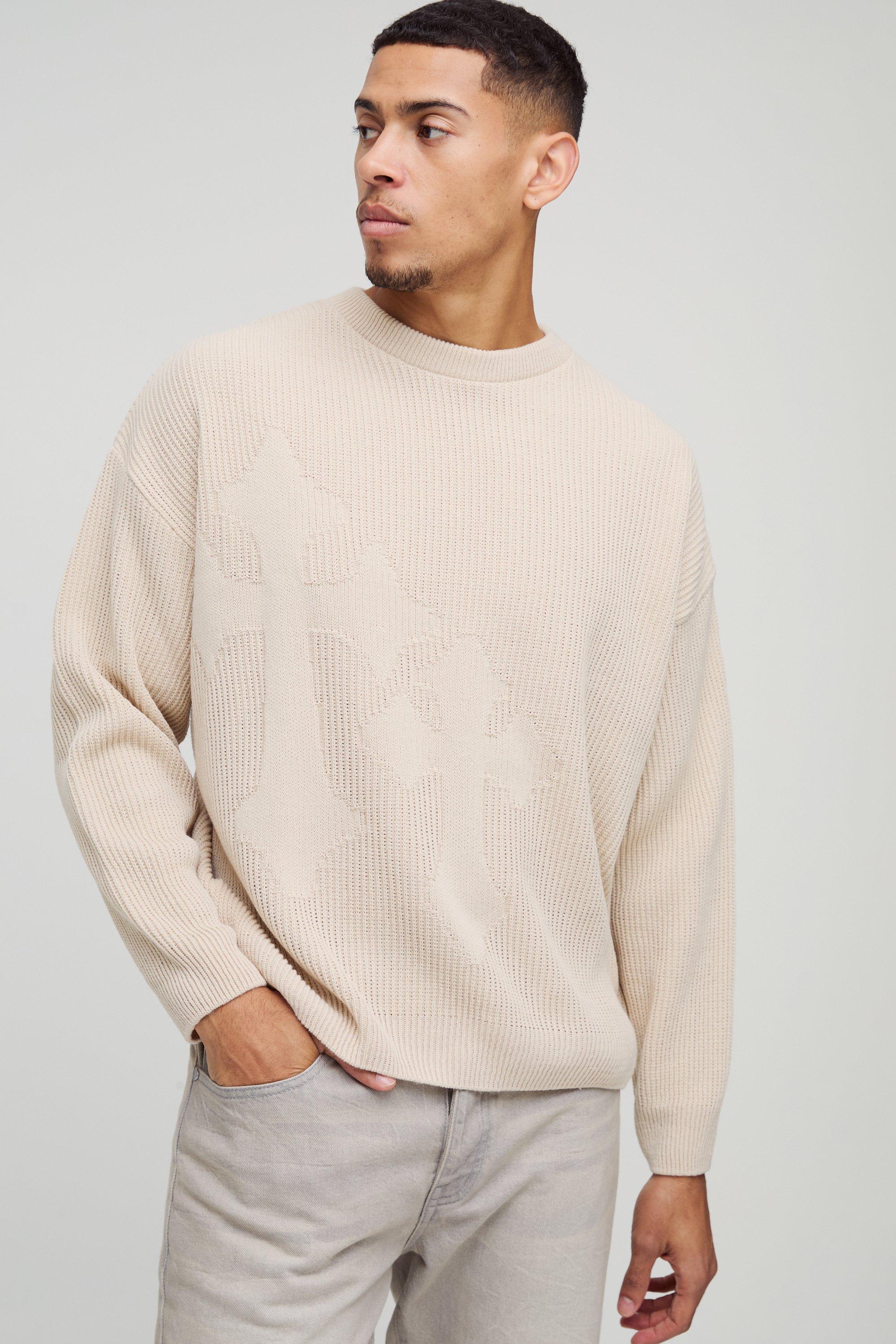 Mens Beige Relaxed Fit Ribbed Cross Knitted Jumper, Beige