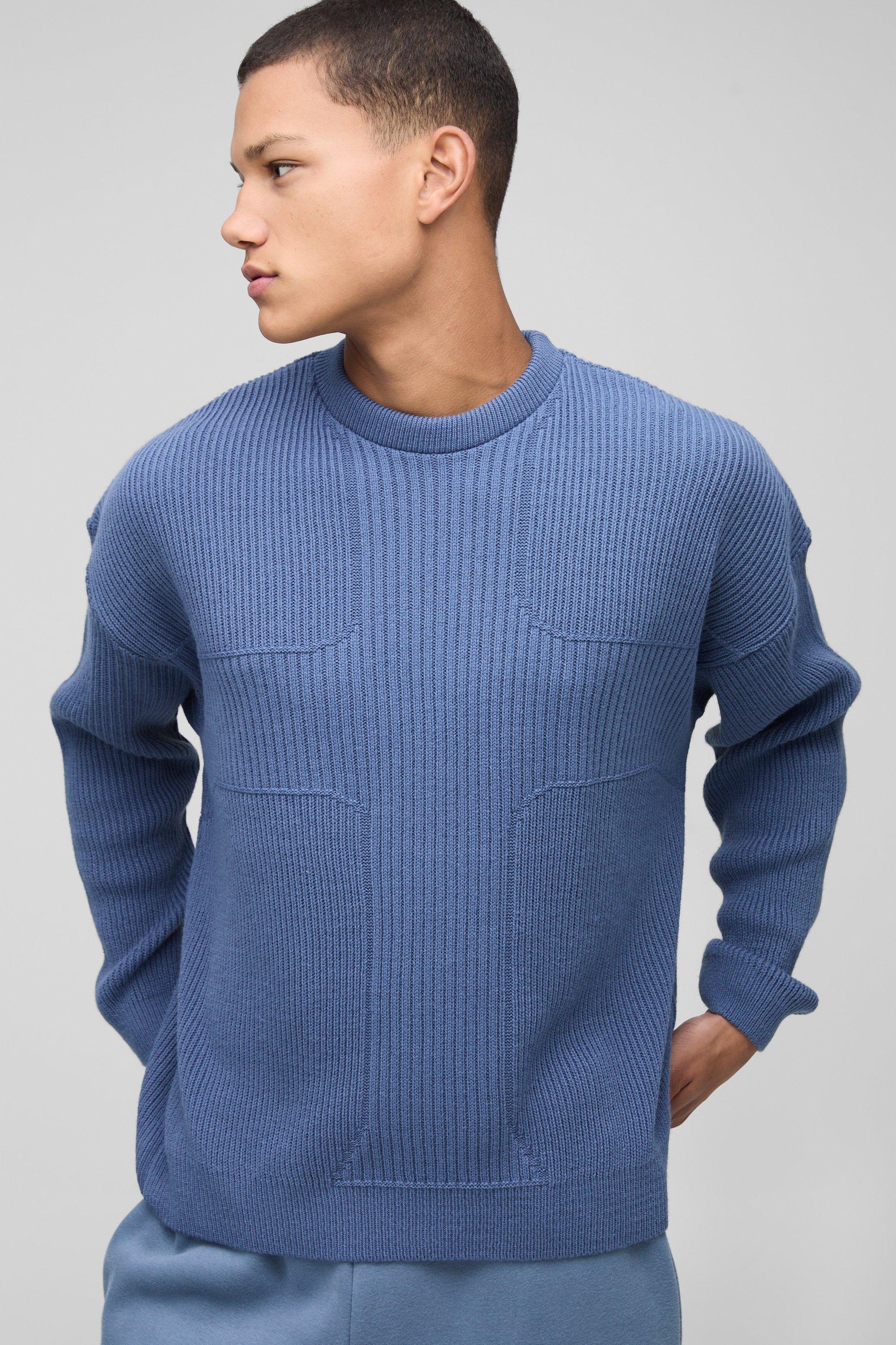 Pullover rilassato in maglia a coste a girocollo incrociato, Azzurro