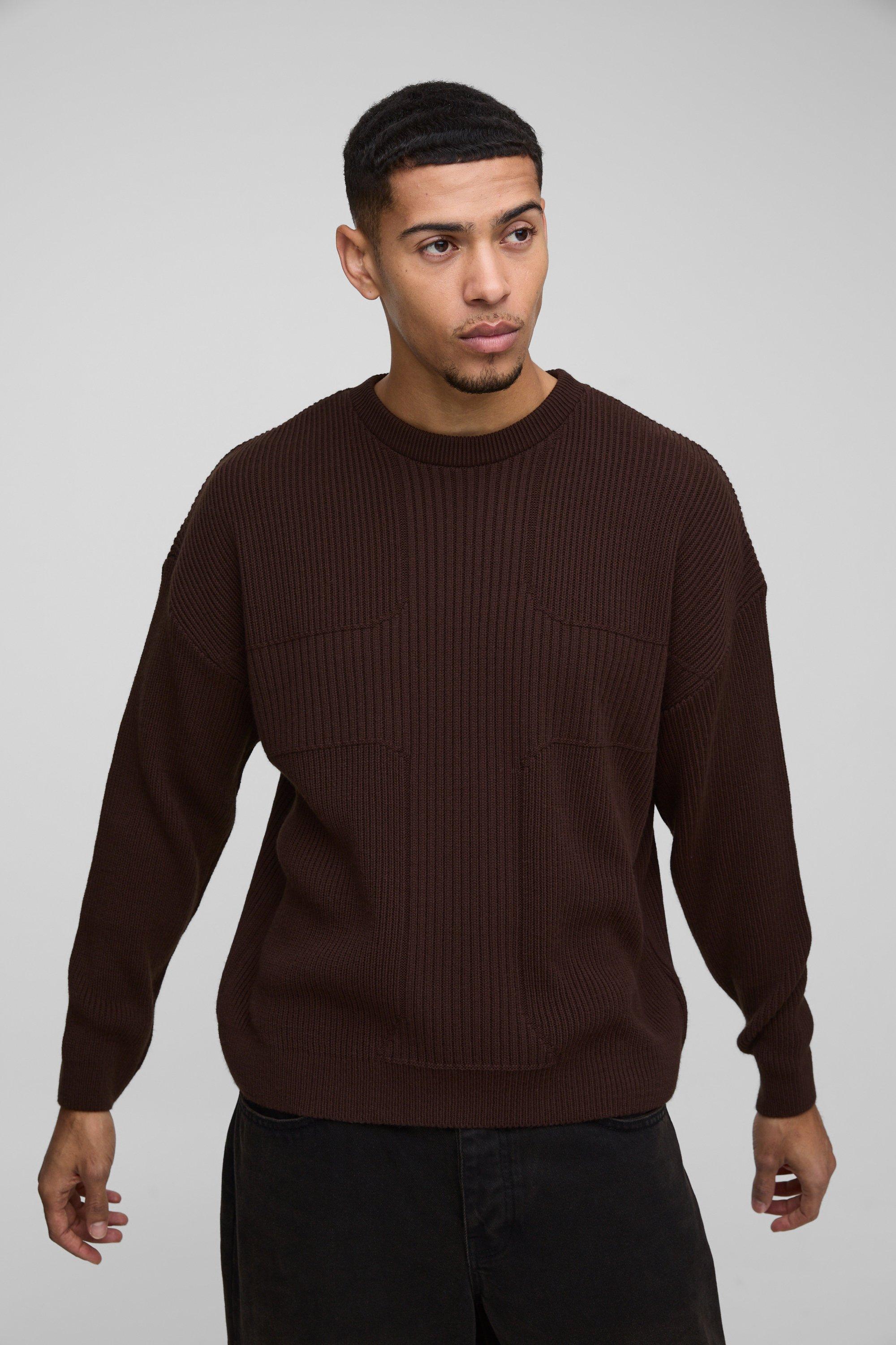 Pullover rilassato in maglia a coste a girocollo incrociato, Brown