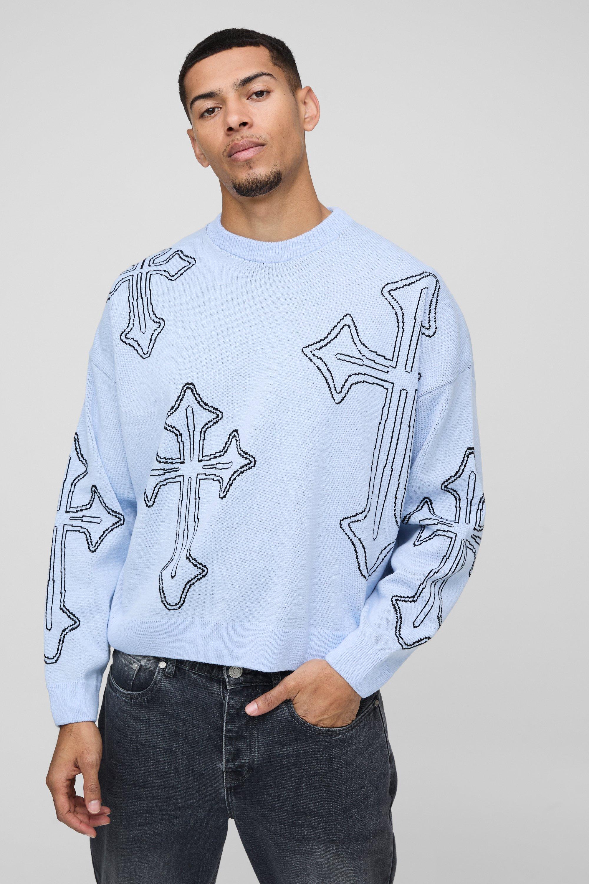 Maglione squadrato oversize in maglia a girocollo con croce, Azzurro