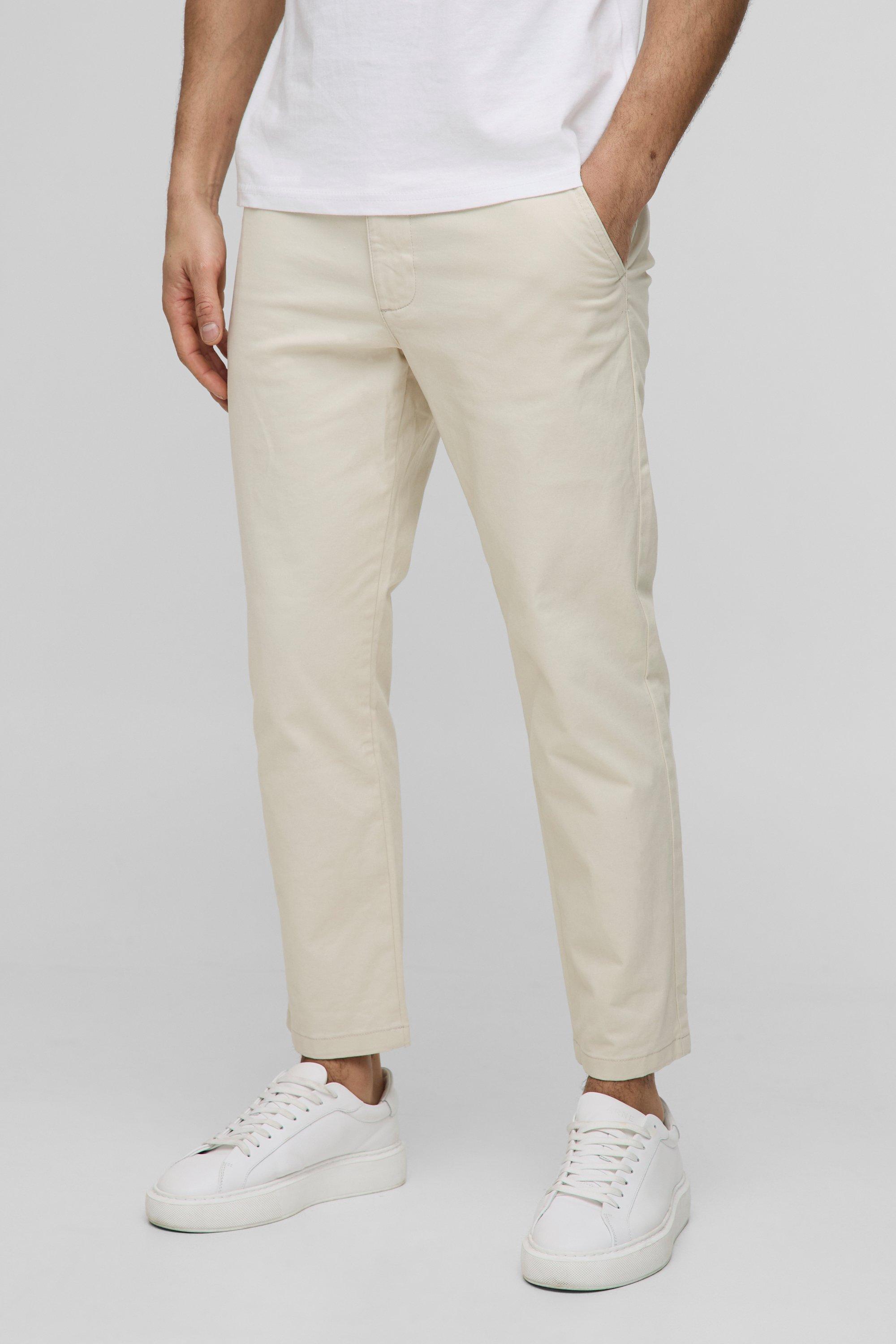 Mens Beige Fixed Waist Slim Cropped Chino Trousers In Stone, Beige