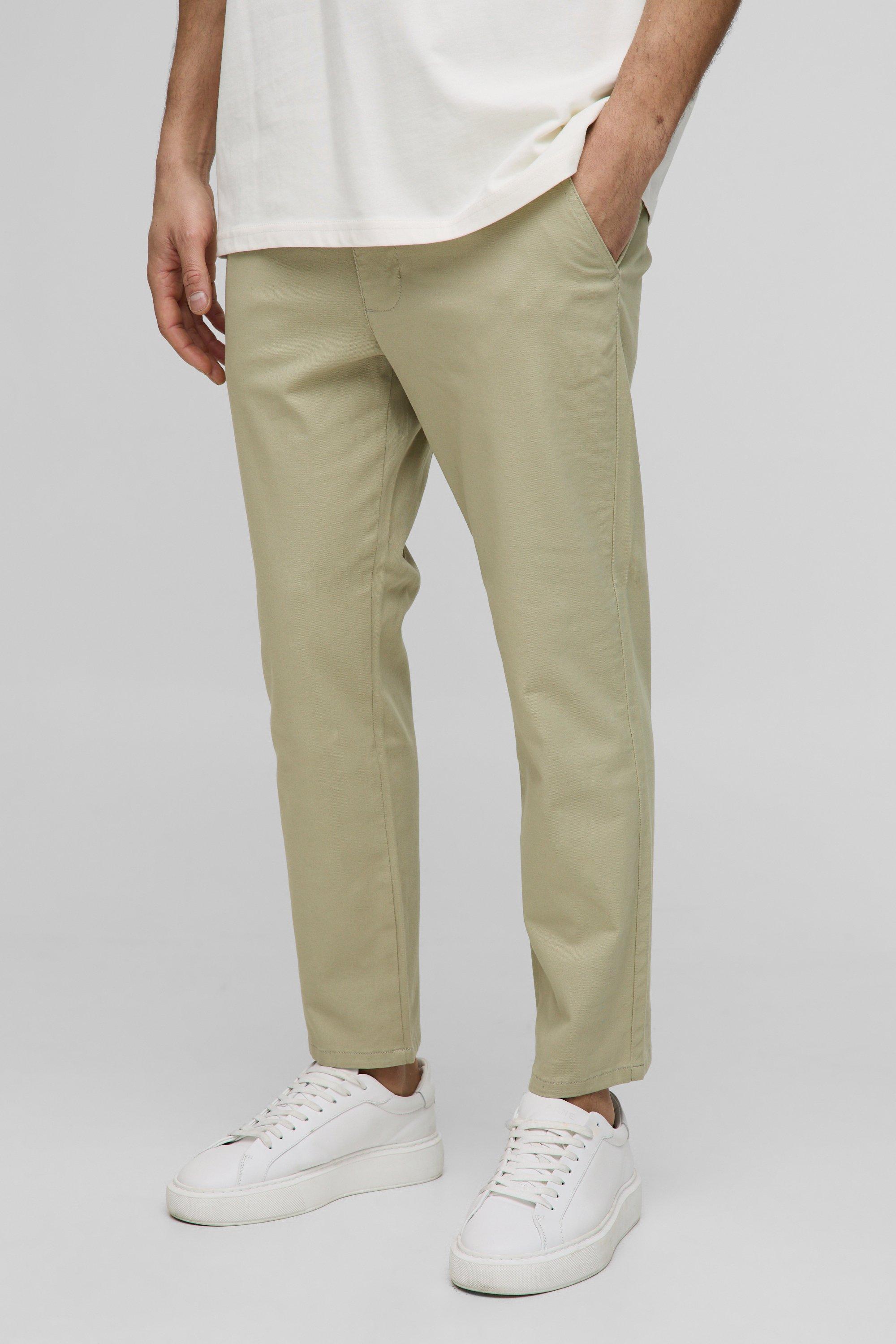 Mens Green Fixed Waist Slim Cropped Chino Trousers In Khaki, Green